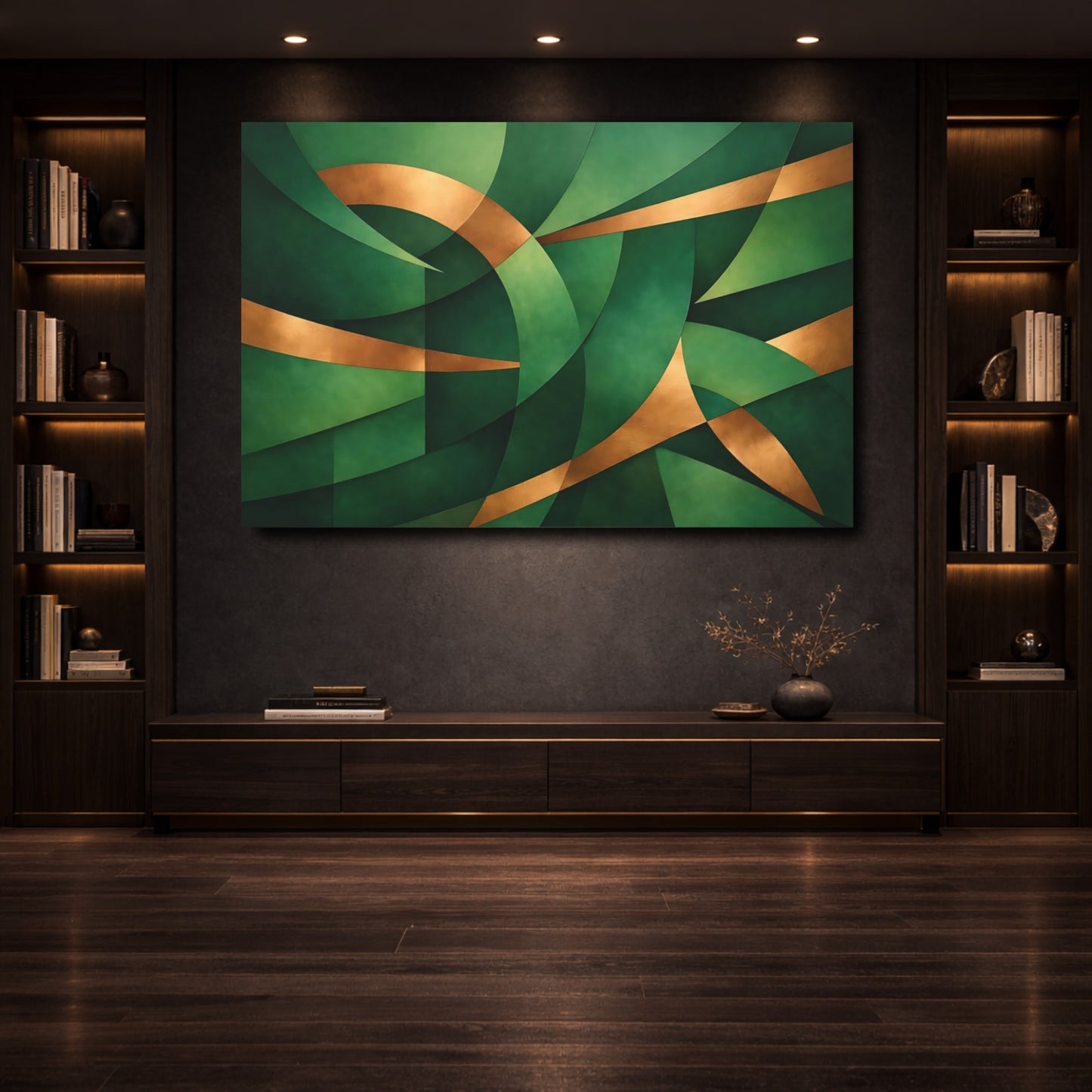 Mockup 3. Abstract Abstract Forms Green And Gold shown as stretched canvas wall art