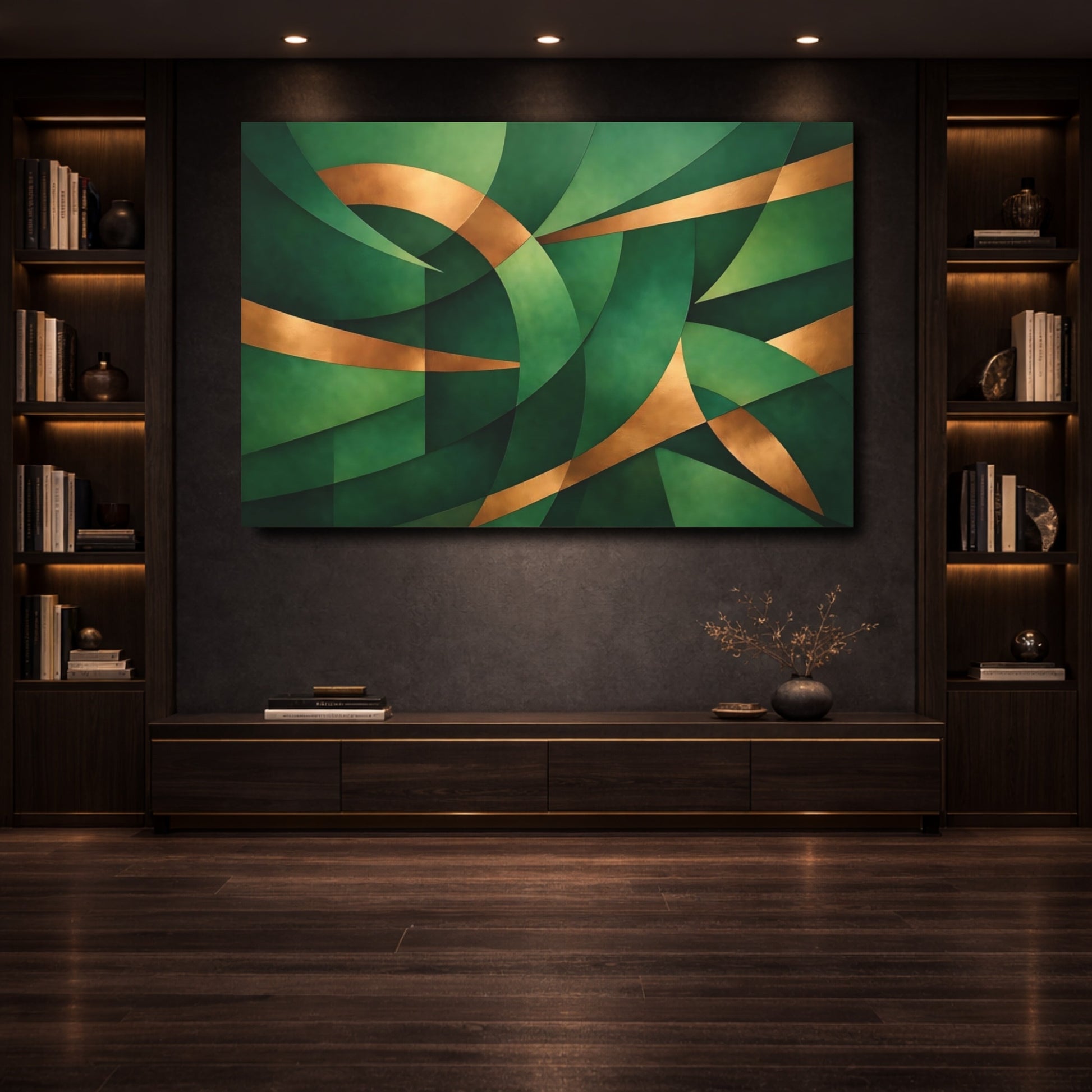 Mockup 3. Abstract Abstract Forms Green And Gold shown as stretched canvas wall art