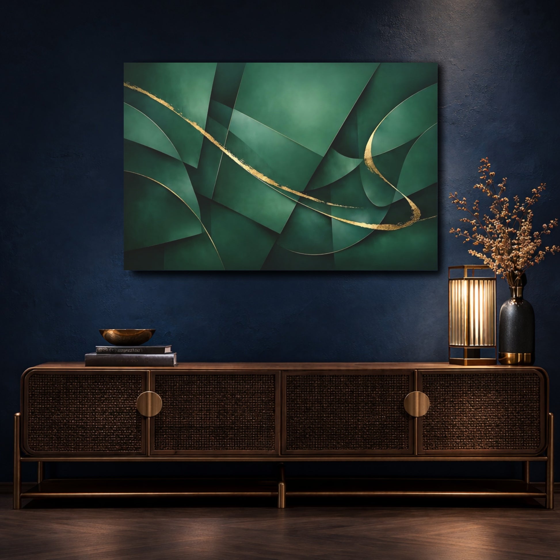 Mockup 4. Abstract Abstract Forms Green And Gold shown as stretched canvas wall art