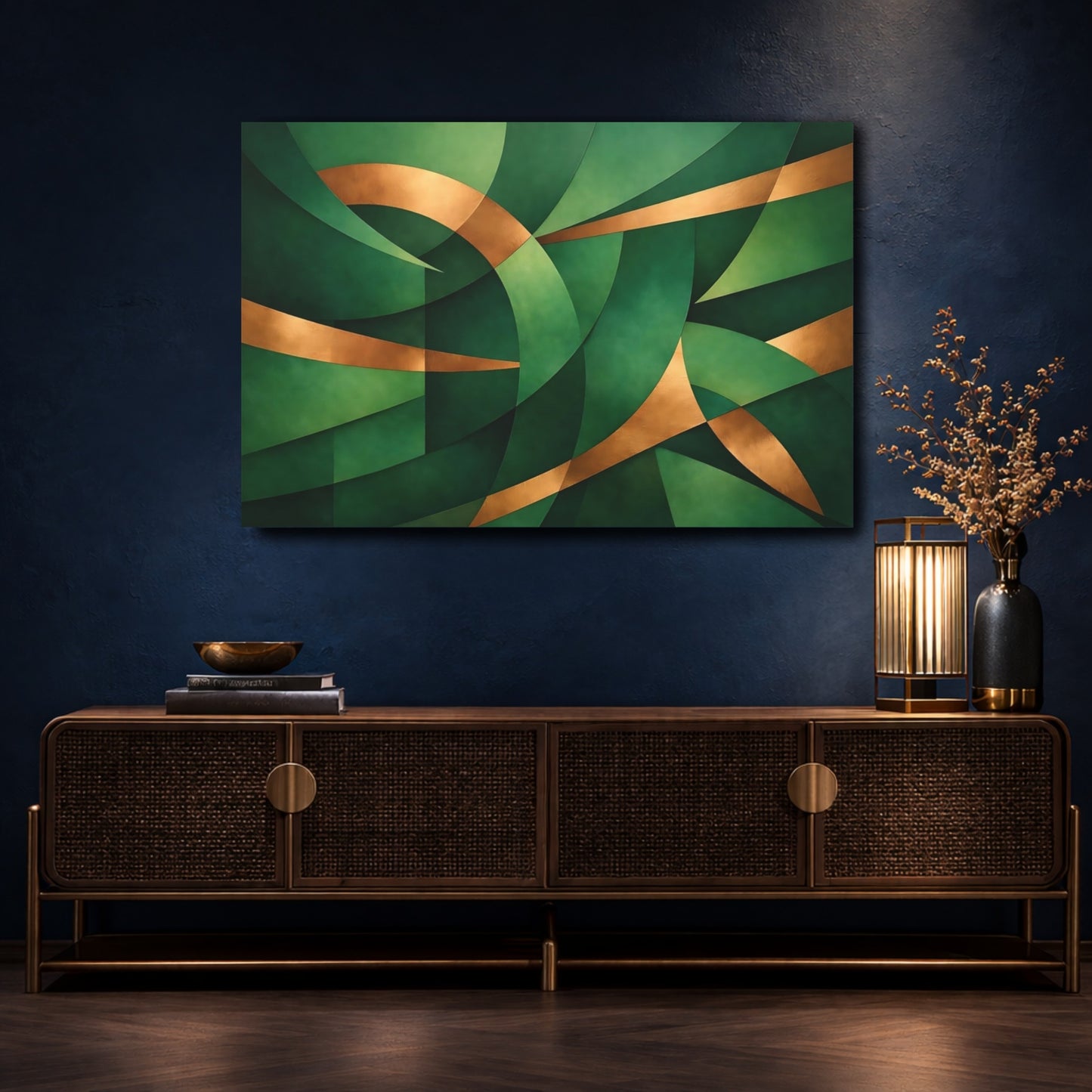 Mockup 4. Abstract Abstract Forms Green And Gold shown as stretched canvas wall art