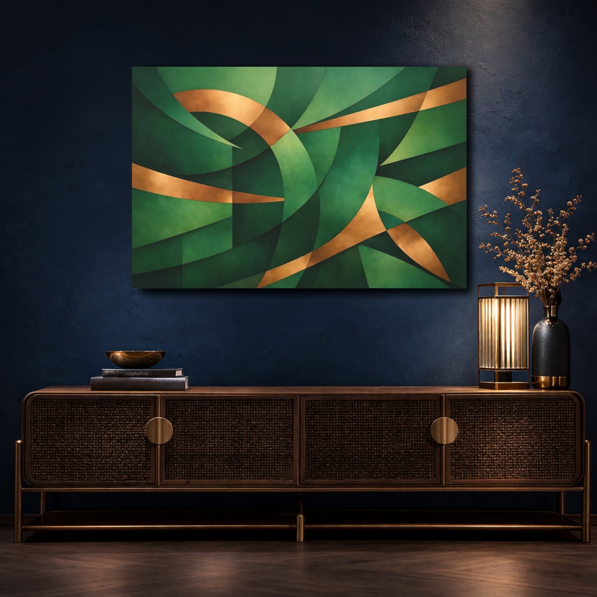 Mockup 4. Abstract Abstract Forms Green And Gold shown as stretched canvas wall art