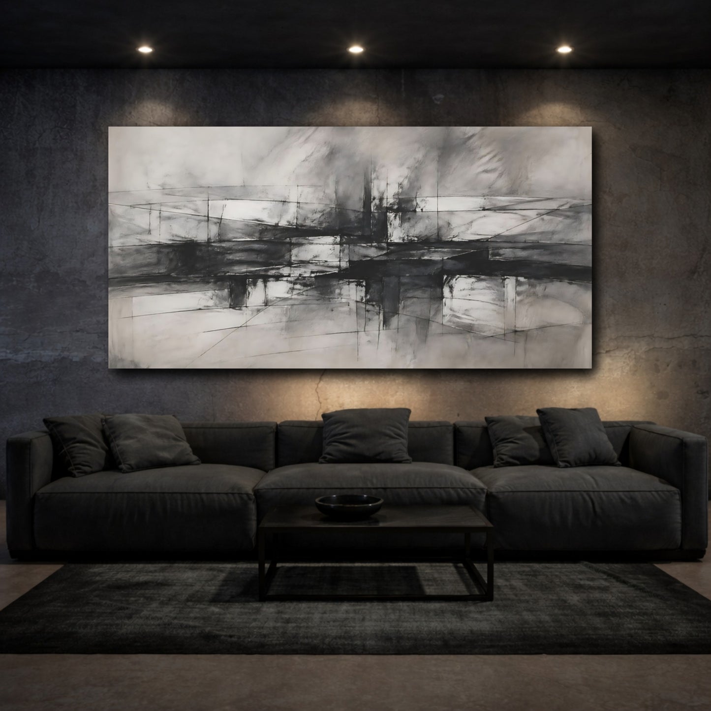 Mockup 2. Abstract Abstract Forms Monochrome Abstract shown as stretched canvas wall art
