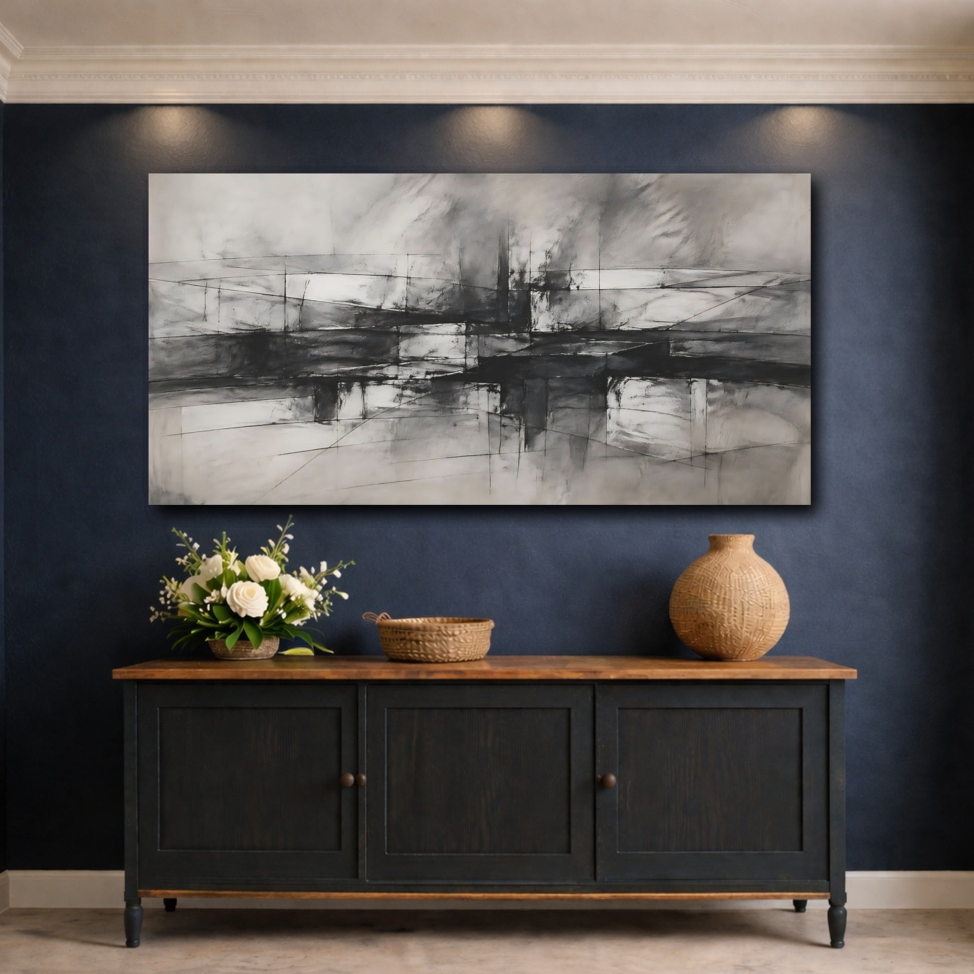 Mockup 4. Abstract Abstract Forms Monochrome Abstract shown as stretched canvas wall art