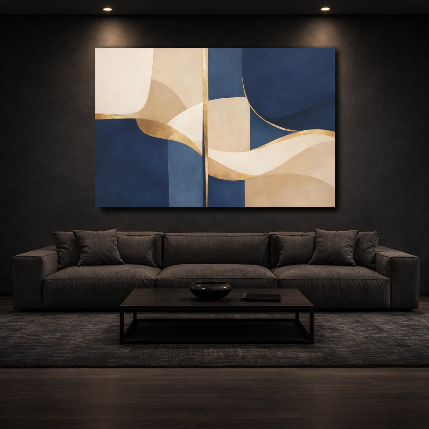 Mockup 2. Abstract Abstract Forms Navy And Gold shown as stretched canvas wall art