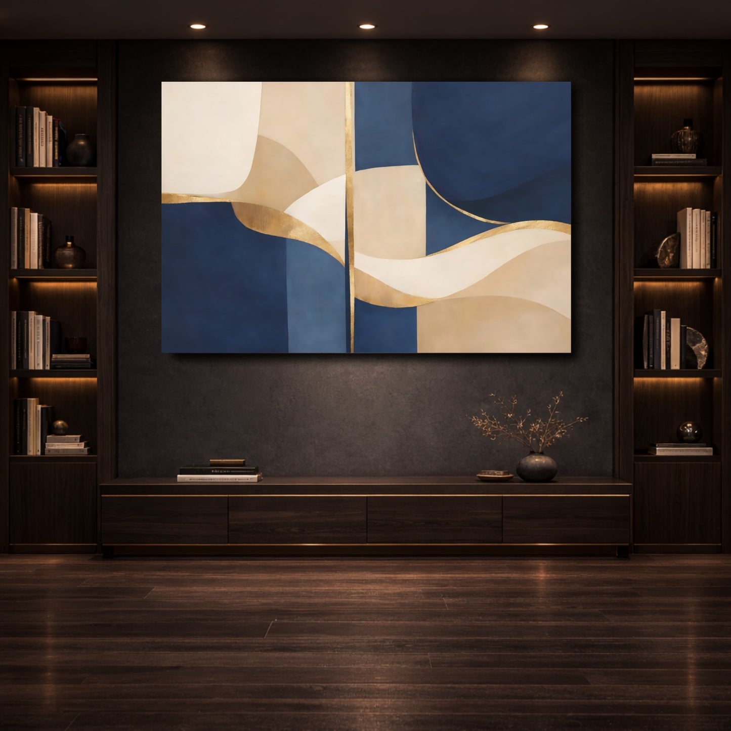 Mockup 3. Abstract Abstract Forms Navy And Gold shown as stretched canvas wall art