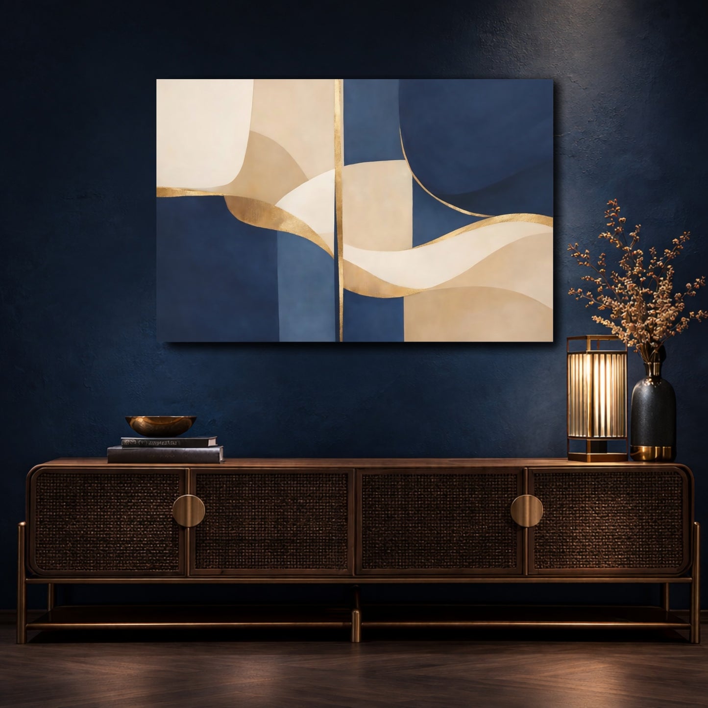 Mockup 4. Abstract Abstract Forms Navy And Gold shown as stretched canvas wall art