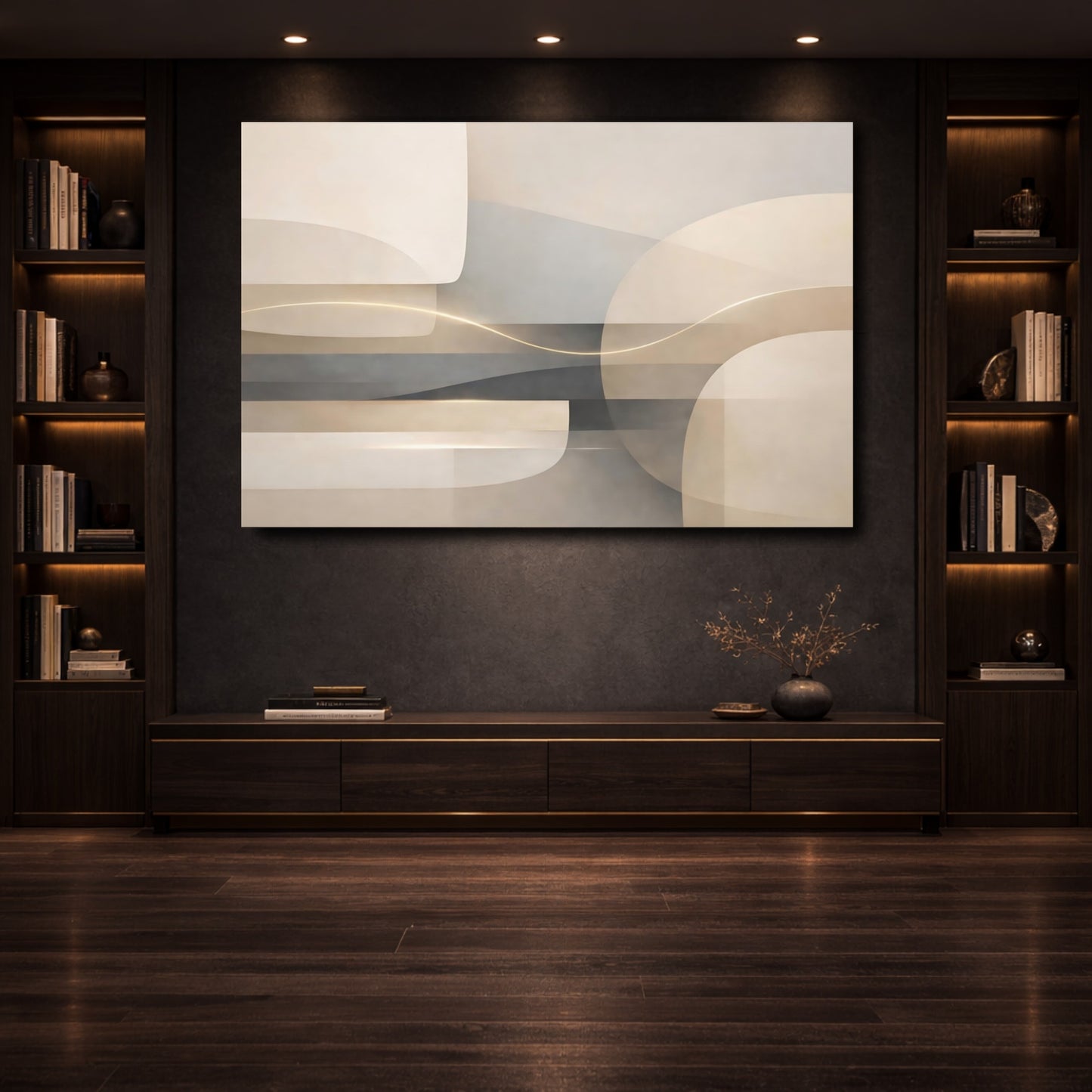 Mockup 3. Abstract Abstract Forms Neutral Abstract shown as stretched canvas wall art