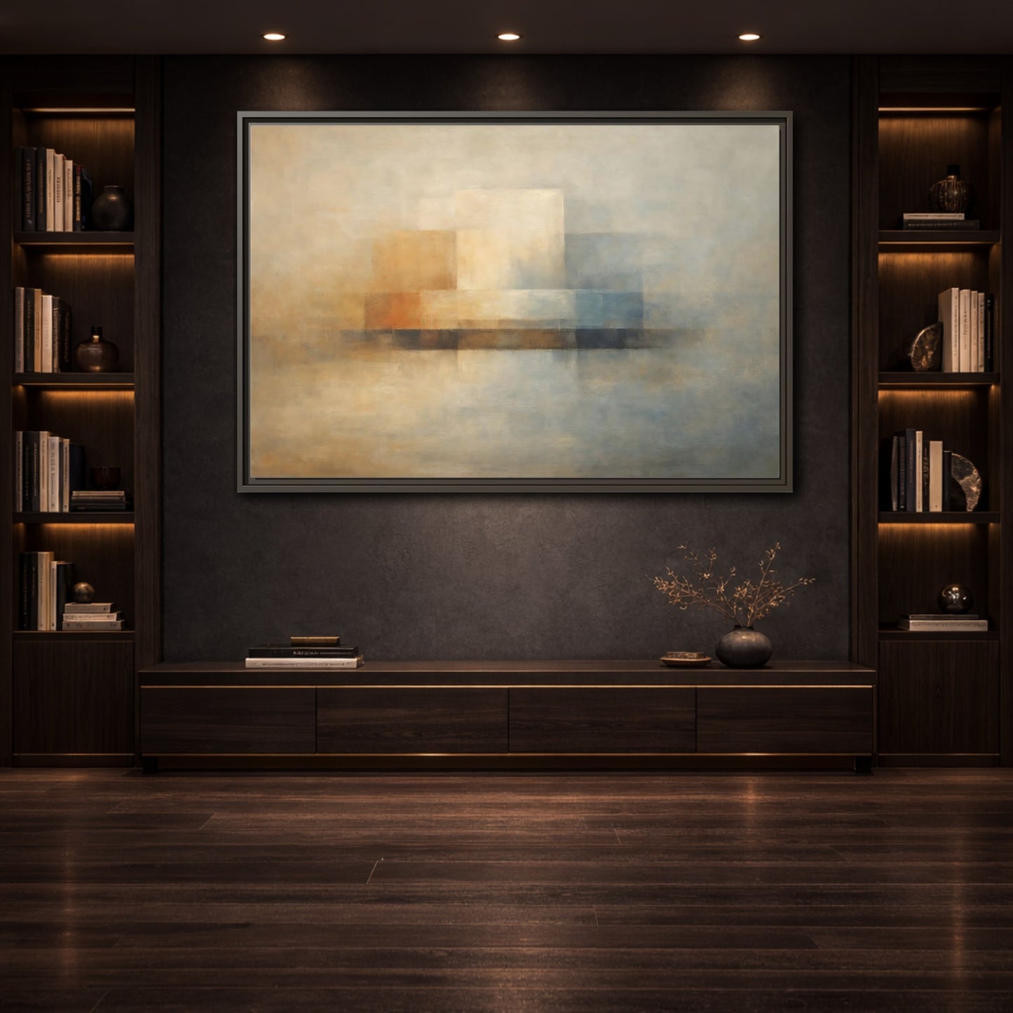 Mockup 3. Abstract Abstract Forms Neutral Abstract shown as stretched canvas wall art