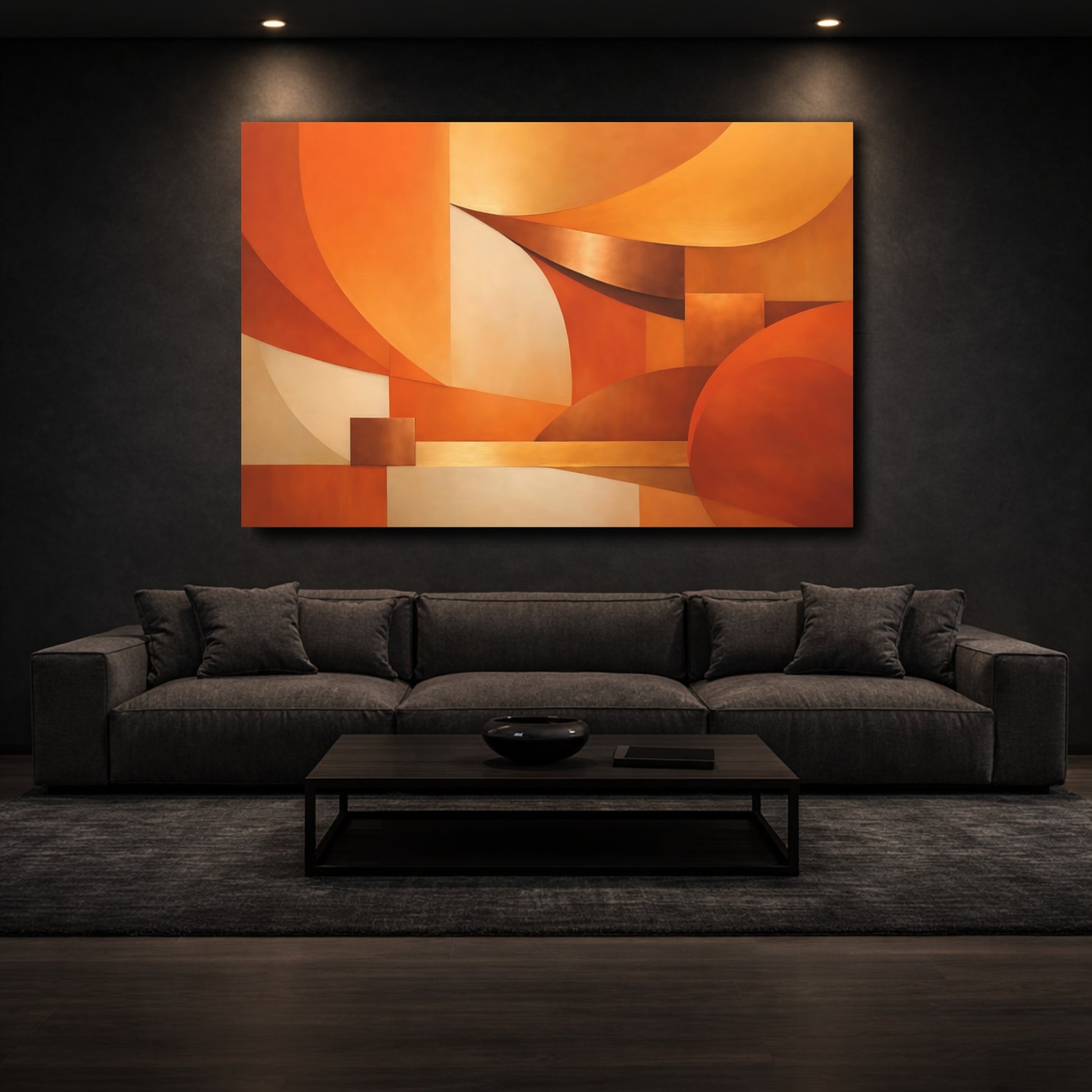 Mockup 2. Abstract Abstract Forms Orange Abstract shown as stretched canvas wall art