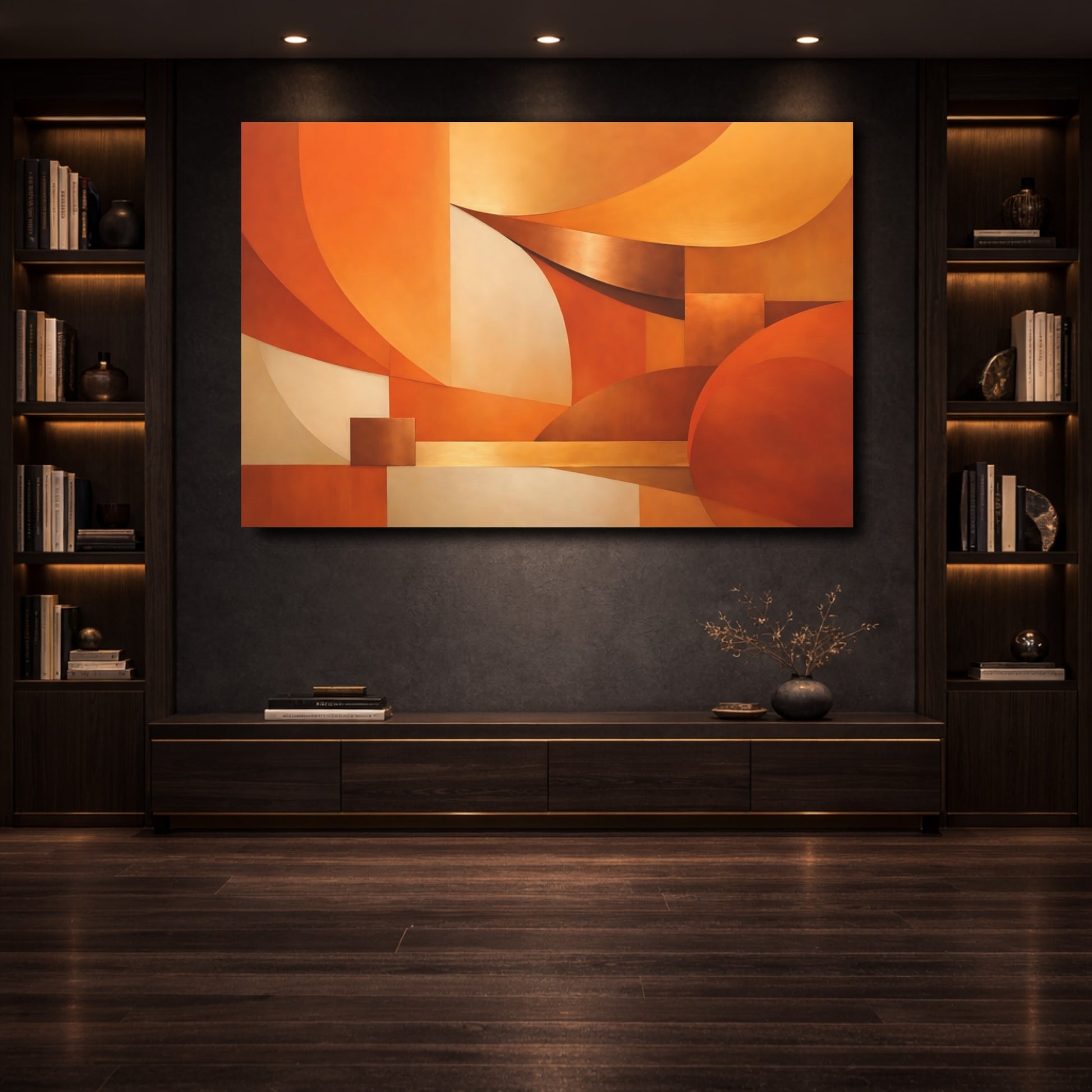 Mockup 3. Abstract Abstract Forms Orange Abstract shown as stretched canvas wall art