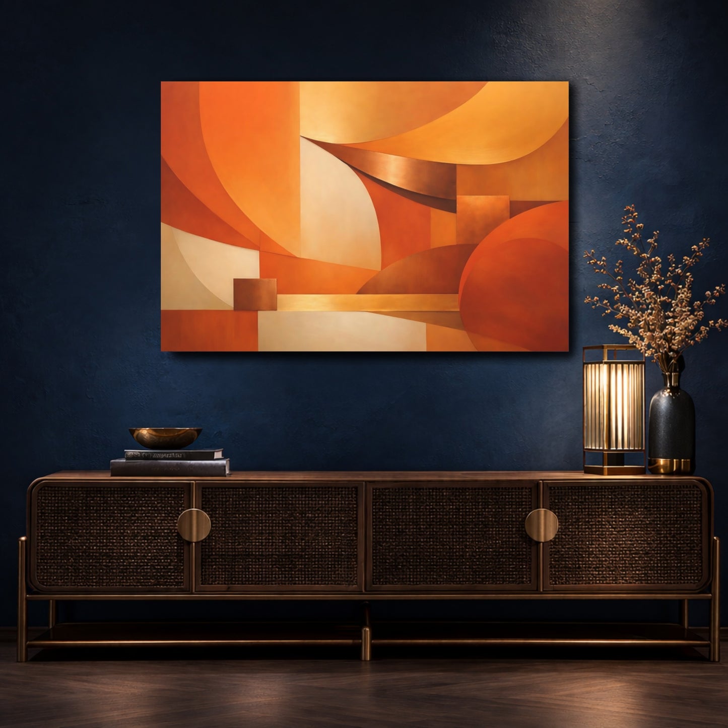 Mockup 4. Abstract Abstract Forms Orange Abstract shown as stretched canvas wall art