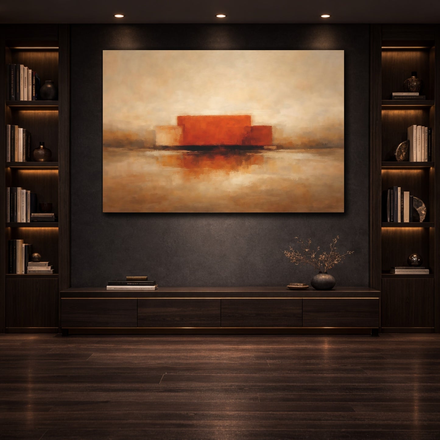 Mockup 3. Abstract Abstract Forms Orange And Brown shown as stretched canvas wall art