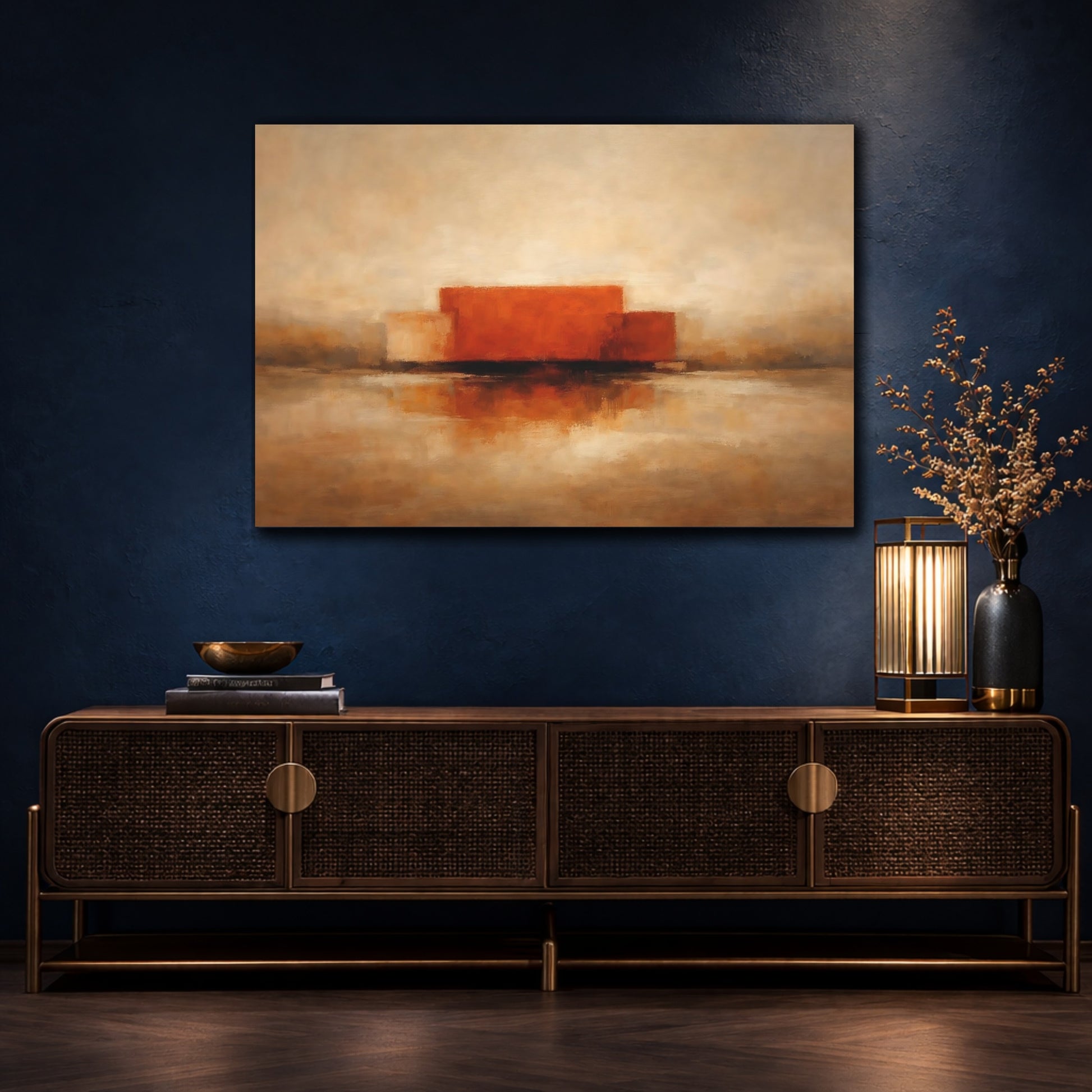 Mockup 4. Abstract Abstract Forms Orange And Brown shown as stretched canvas wall art
