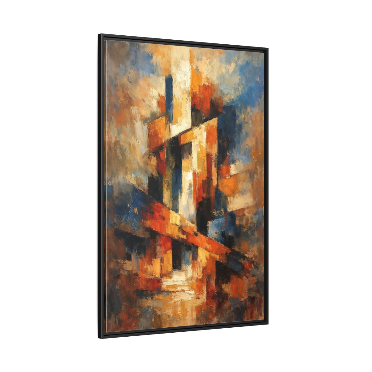 Main Mockup. Abstract Abstract Forms Orange Blue Abstract shown as stretched canvas wall art