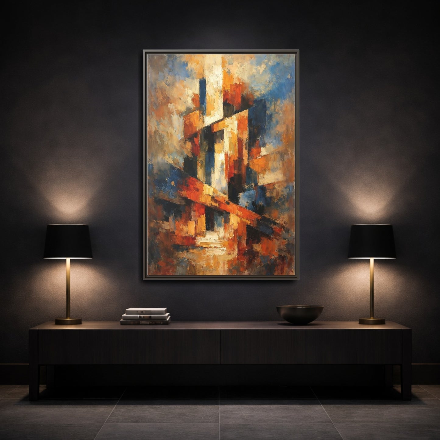 Mockup 2. Abstract Abstract Forms Orange Blue Abstract shown as stretched canvas wall art