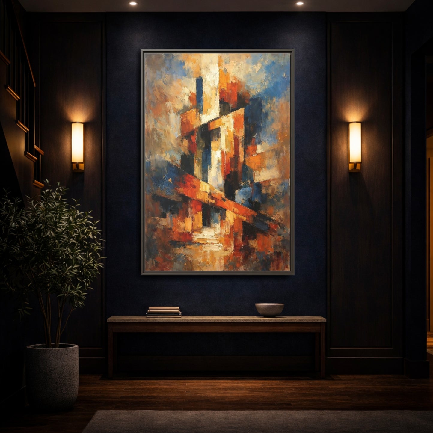 Mockup 3. Abstract Abstract Forms Orange Blue Abstract shown as stretched canvas wall art