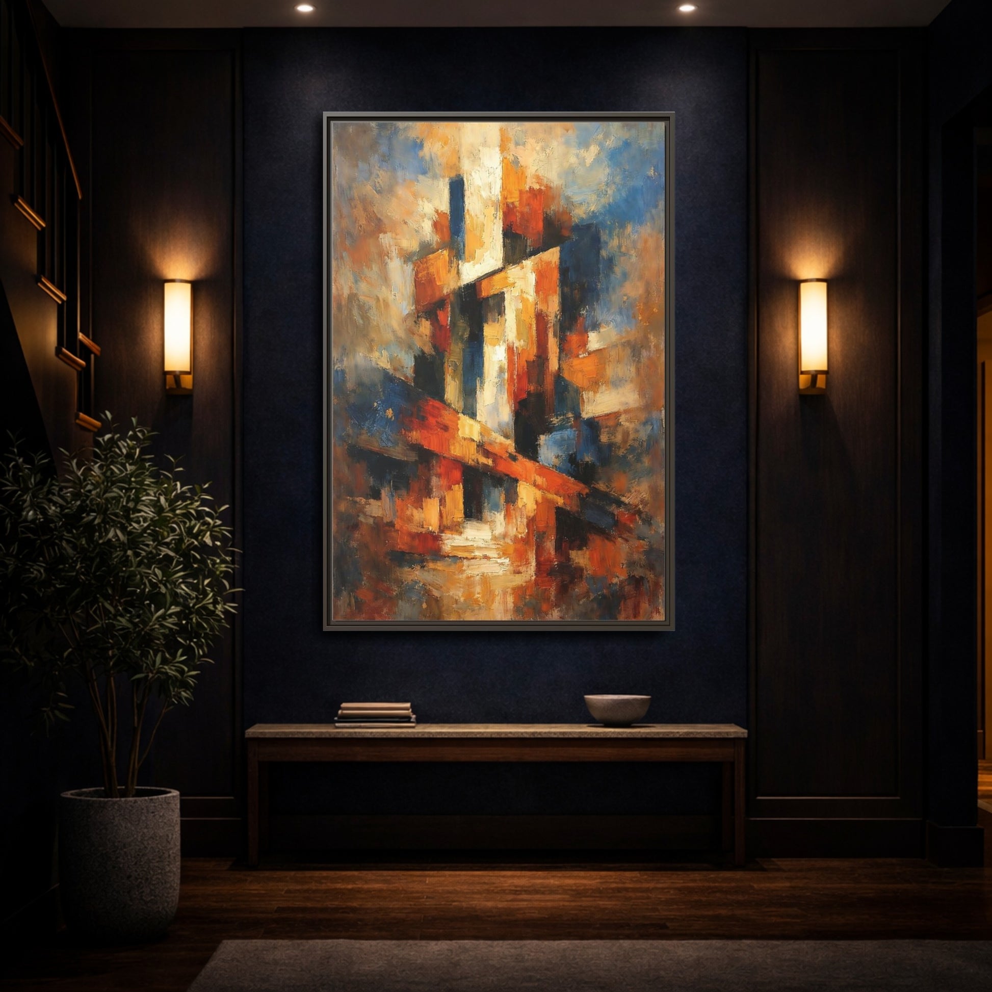 Mockup 3. Abstract Abstract Forms Orange Blue Abstract shown as stretched canvas wall art