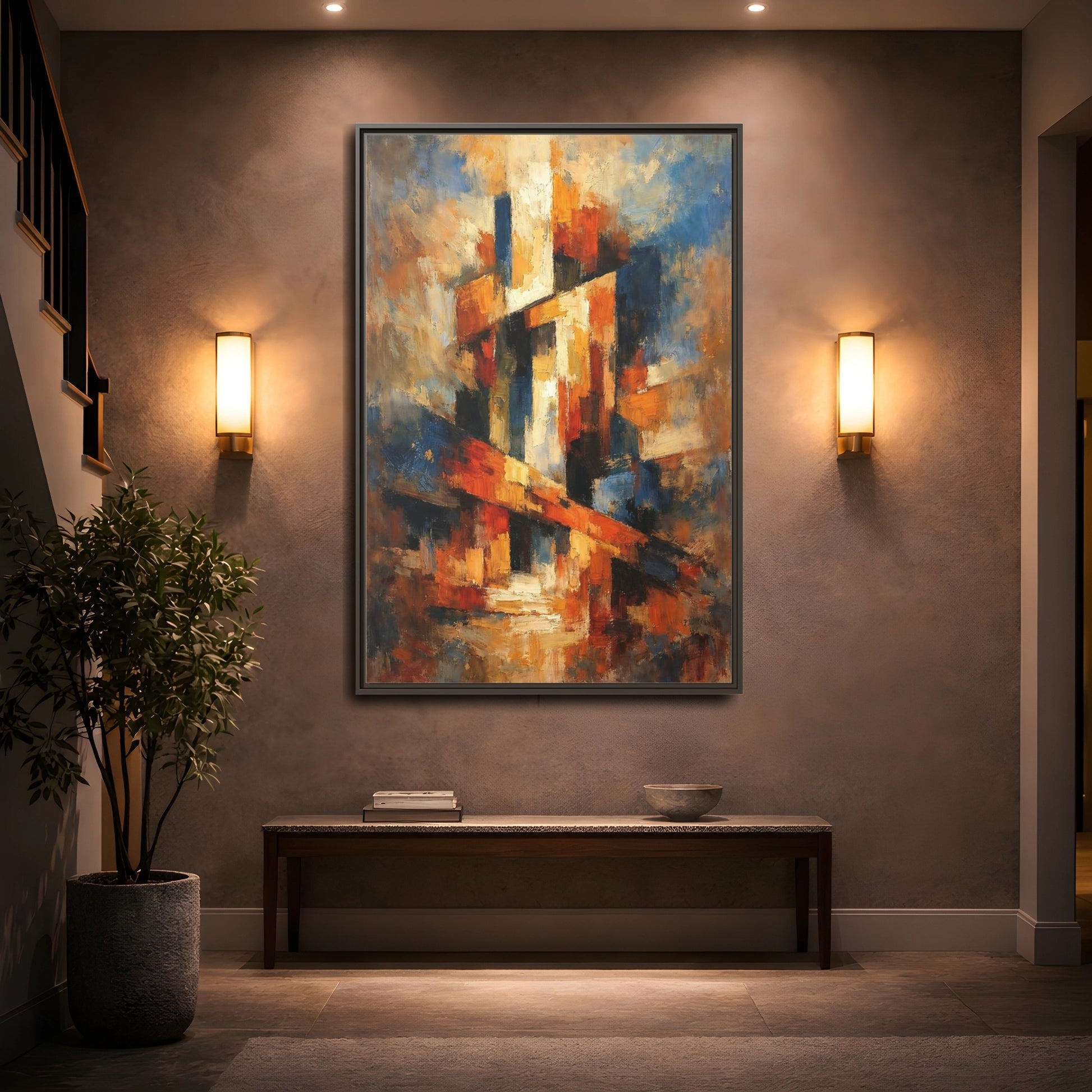 Mockup 4. Abstract Abstract Forms Orange Blue Abstract shown as stretched canvas wall art