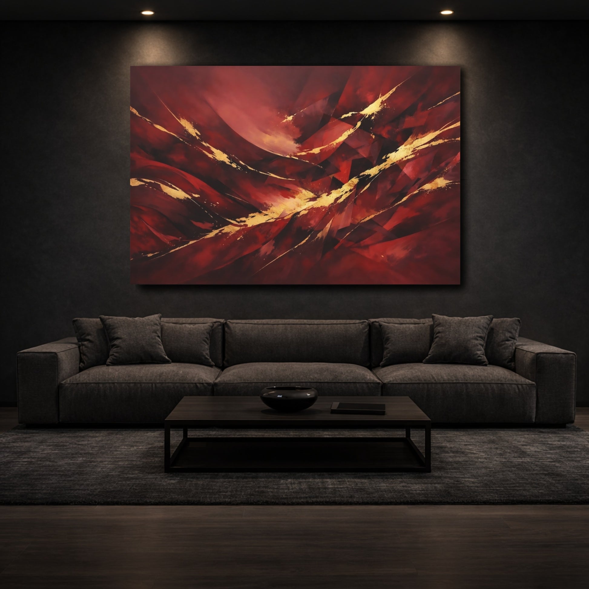 Mockup 2. Abstract Abstract Forms Red Gold Abstract shown as stretched canvas wall art