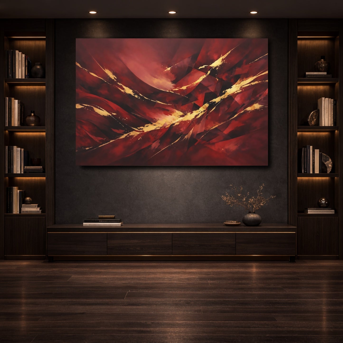 Mockup 3. Abstract Abstract Forms Red Gold Abstract shown as stretched canvas wall art