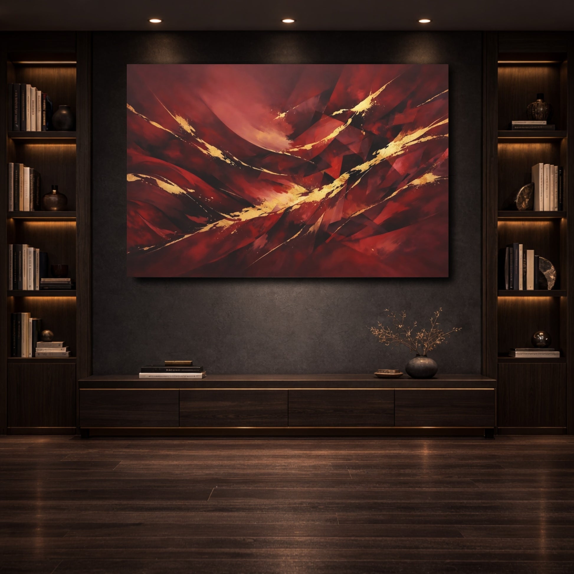 Mockup 3. Abstract Abstract Forms Red Gold Abstract shown as stretched canvas wall art