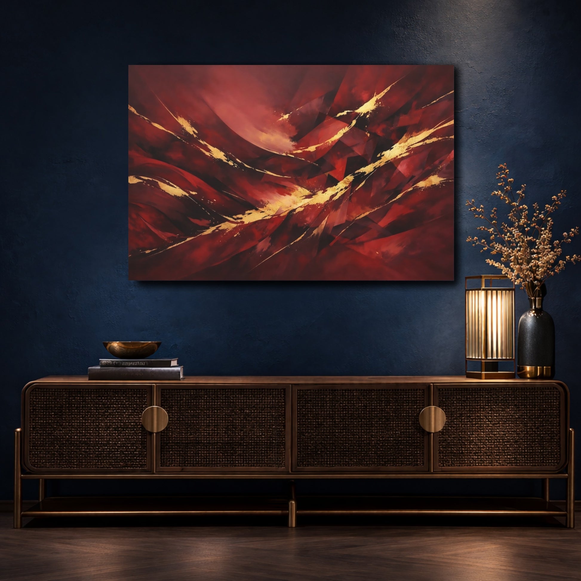 Mockup 4. Abstract Abstract Forms Red Gold Abstract shown as stretched canvas wall art