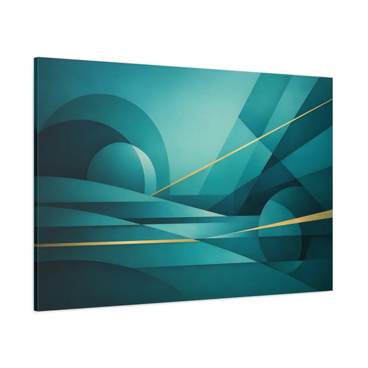 Main Mockup. Abstract Abstract Forms Teal And Gold Geometric shown as stretched canvas wall art