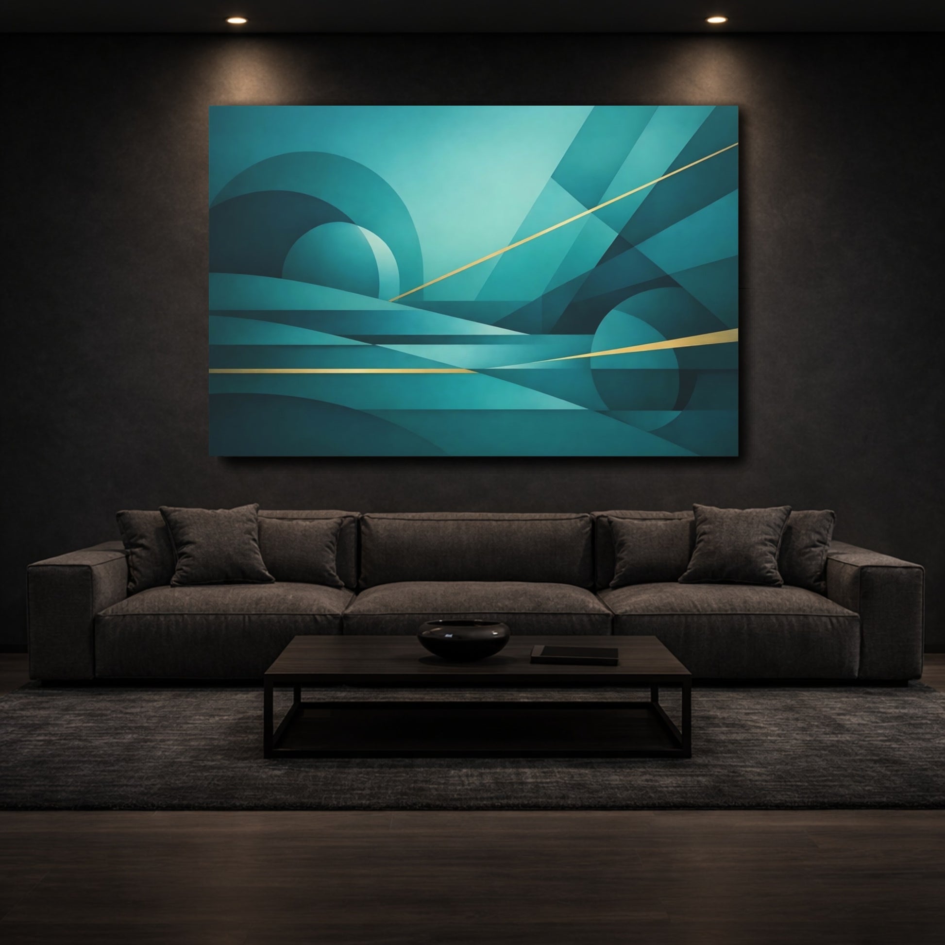 Mockup 2. Abstract Abstract Forms Teal And Gold Geometric shown as stretched canvas wall art