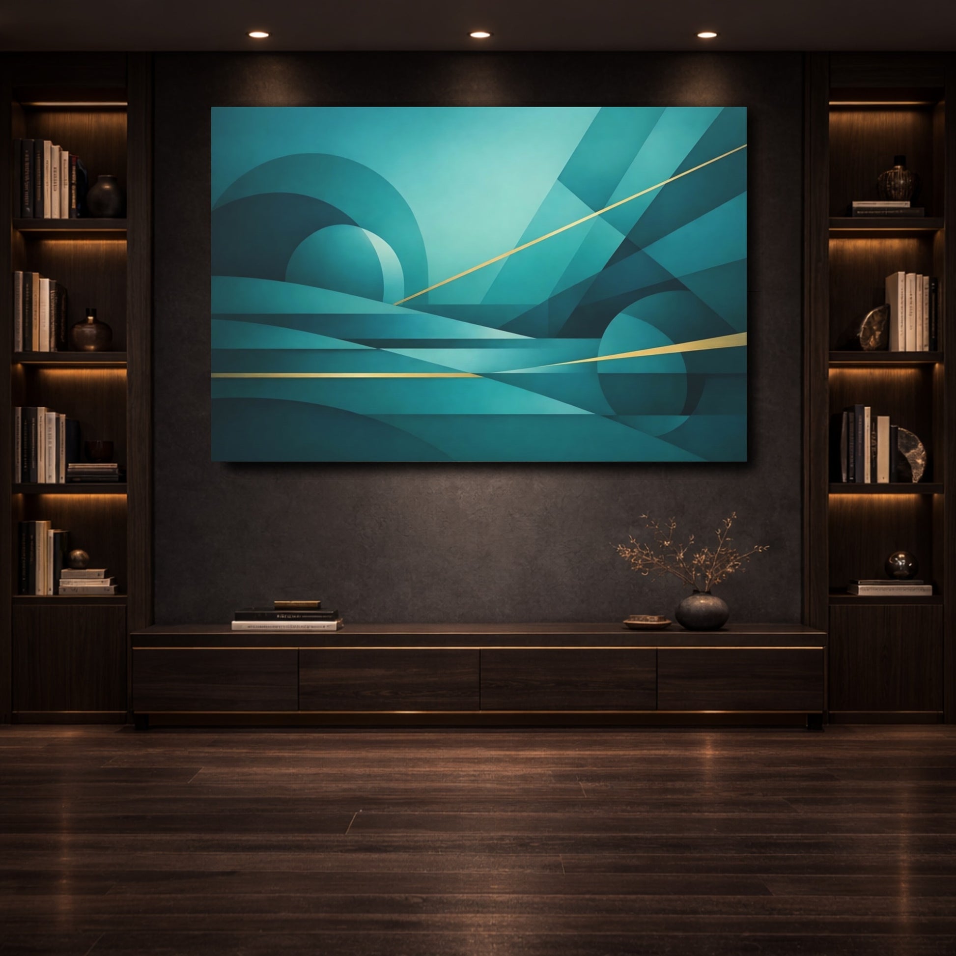 Mockup 3. Abstract Abstract Forms Teal And Gold Geometric shown as stretched canvas wall art