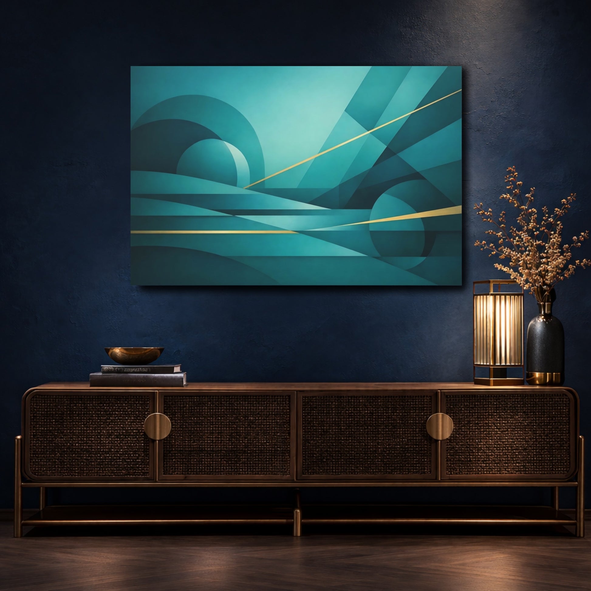 Mockup 4. Abstract Abstract Forms Teal And Gold Geometric shown as stretched canvas wall art