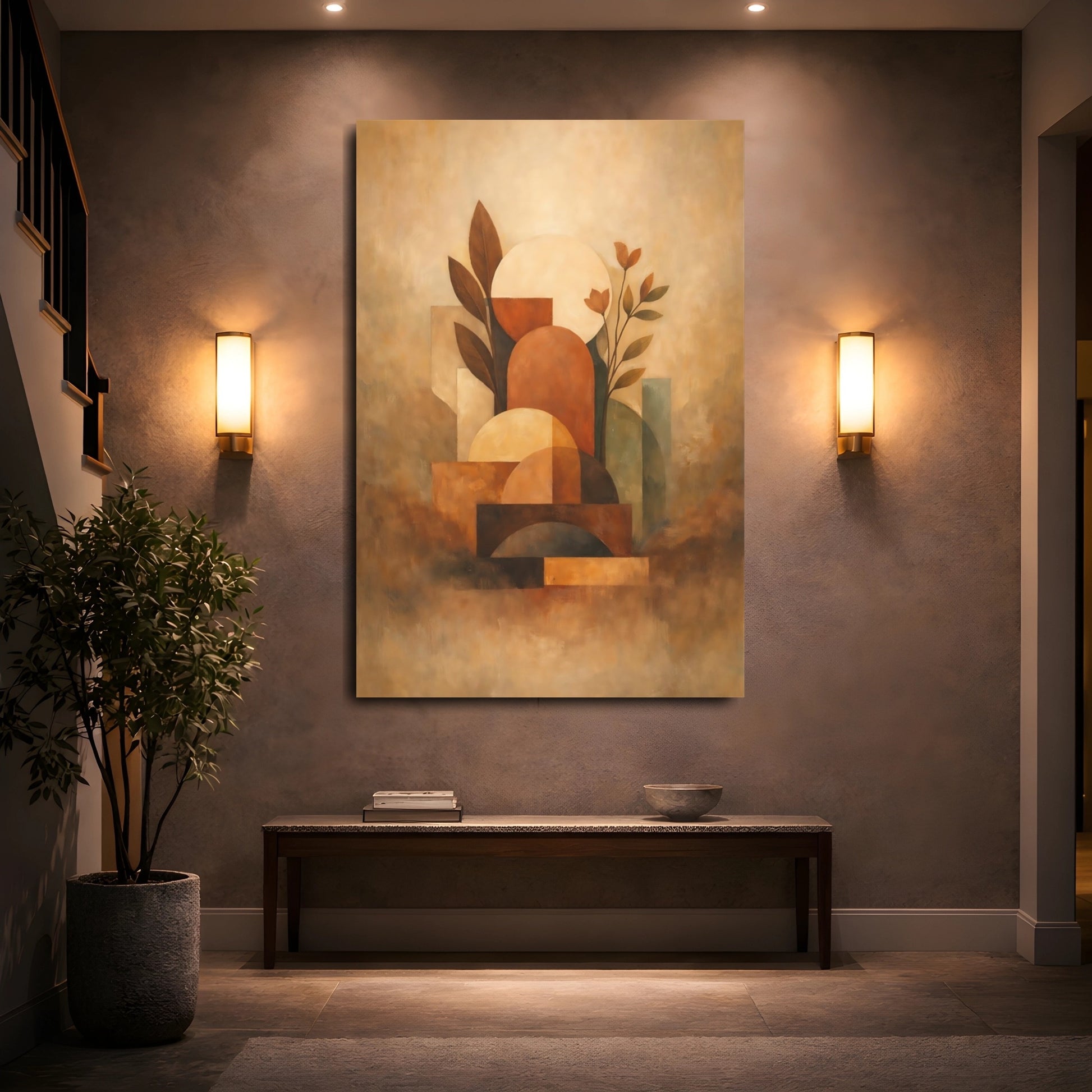 Mockup 4. Abstract Abstract Forms Terracotta Abstract shown as stretched canvas wall art