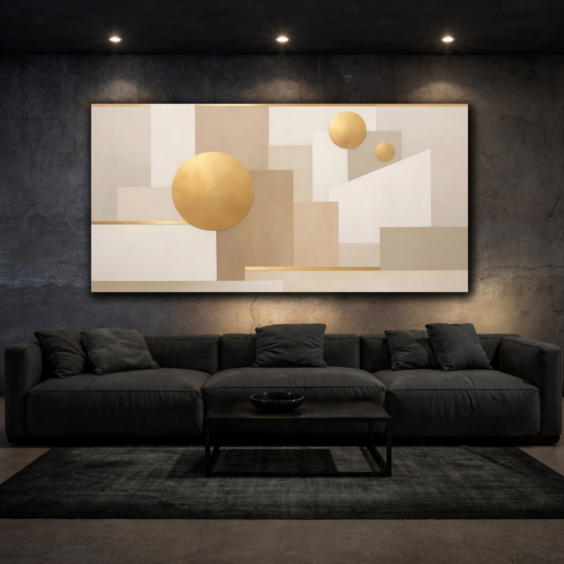 Mockup 2. Abstract Abstract Geometry Abstract Gold Beige shown as stretched canvas wall art