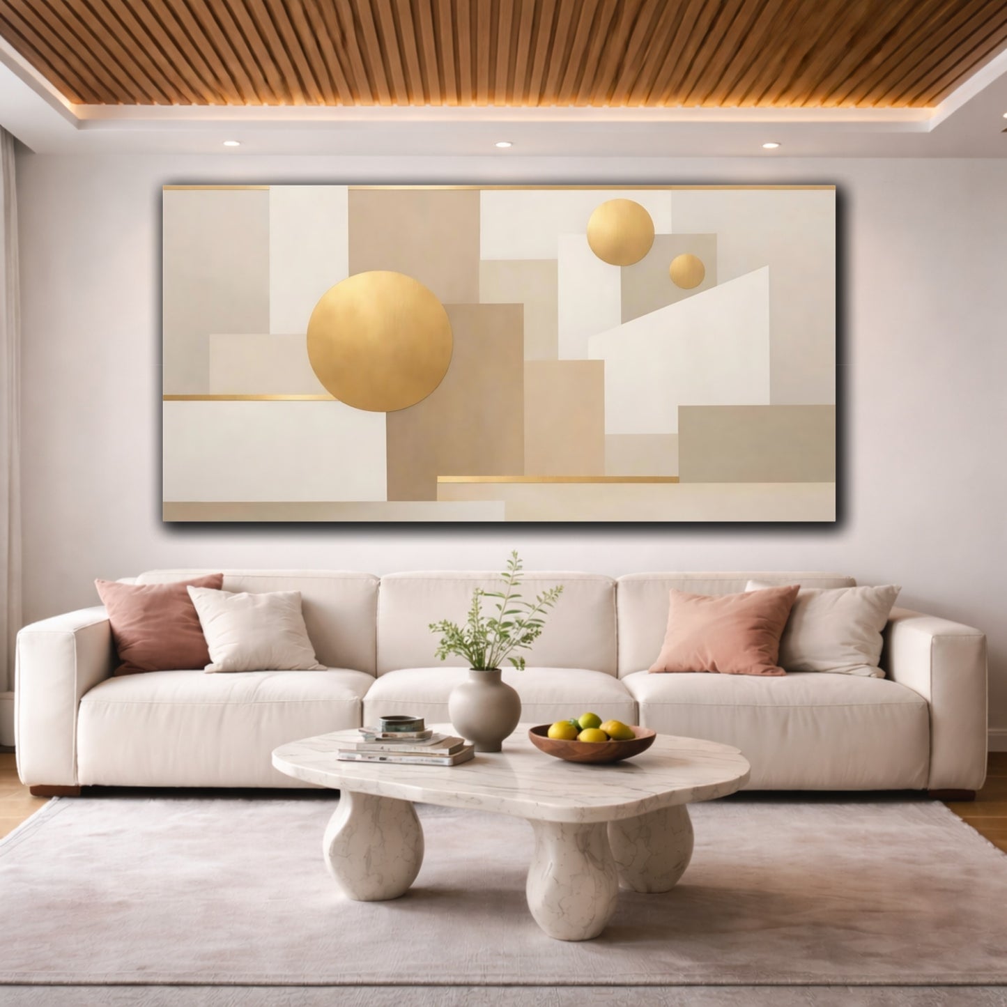 Mockup 3. Abstract Abstract Geometry Abstract Gold Beige shown as stretched canvas wall art