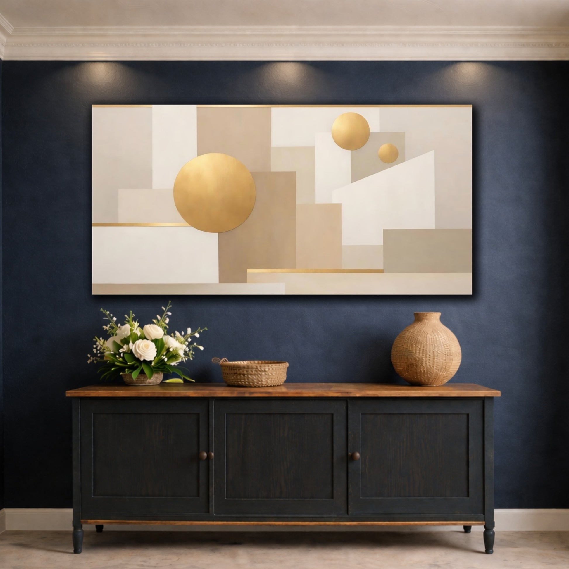 Mockup 4. Abstract Abstract Geometry Abstract Gold Beige shown as stretched canvas wall art