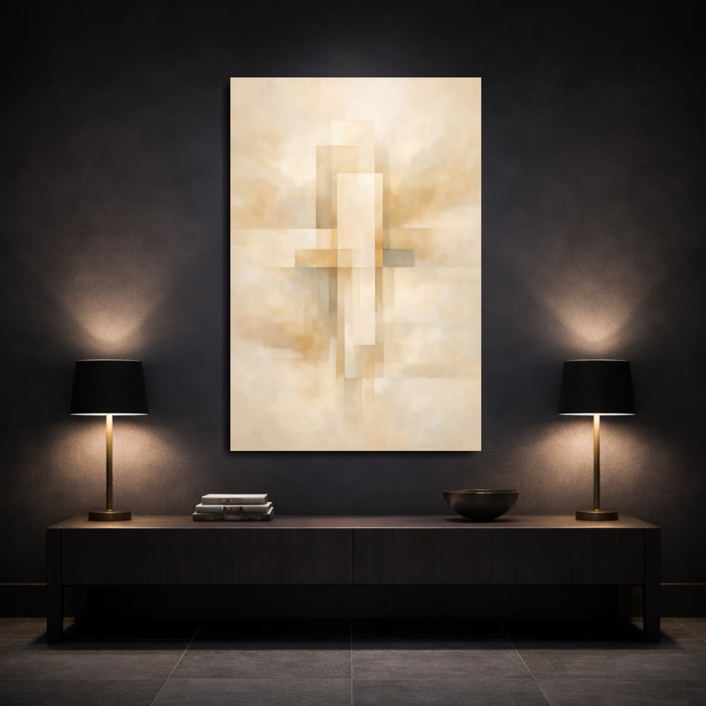 Mockup 2. Abstract Abstract Geometry Beige Brown Abstract shown as stretched canvas wall art