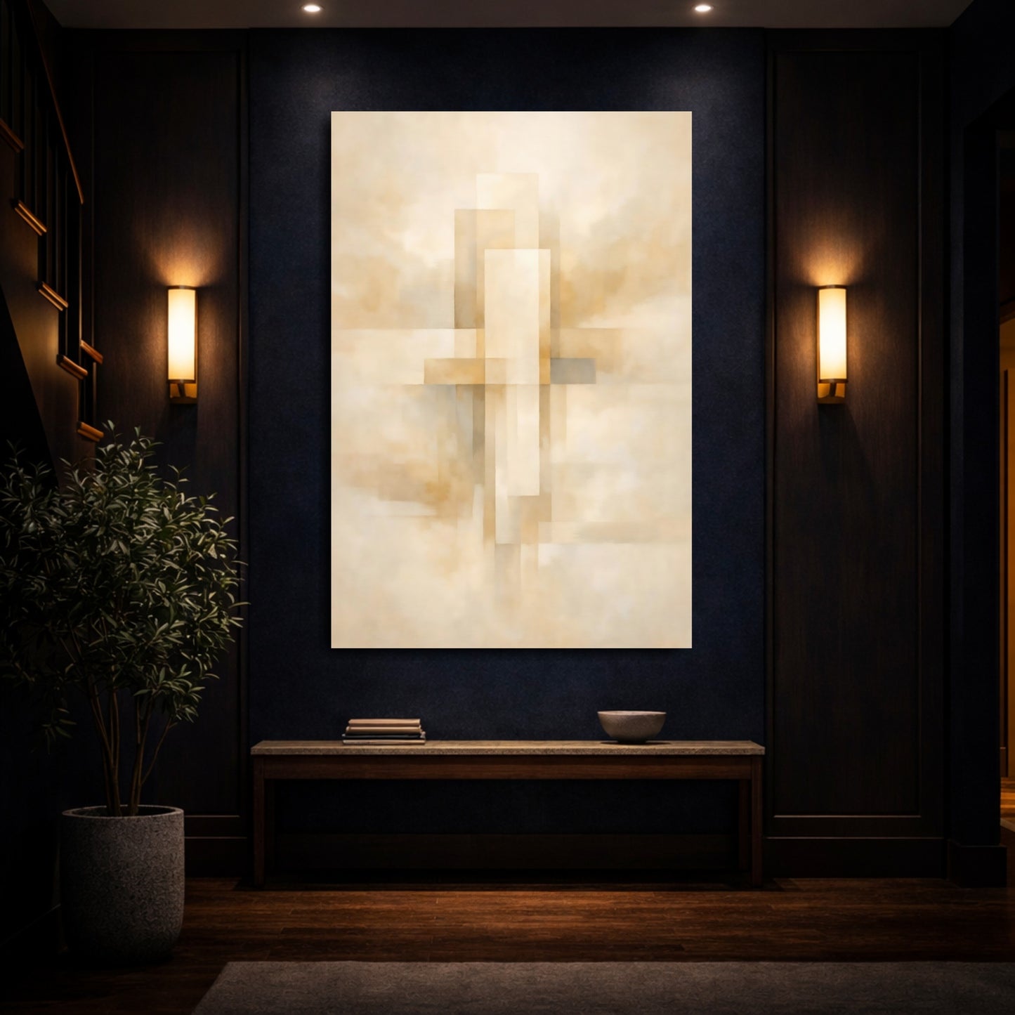 Mockup 3. Abstract Abstract Geometry Beige Brown Abstract shown as stretched canvas wall art