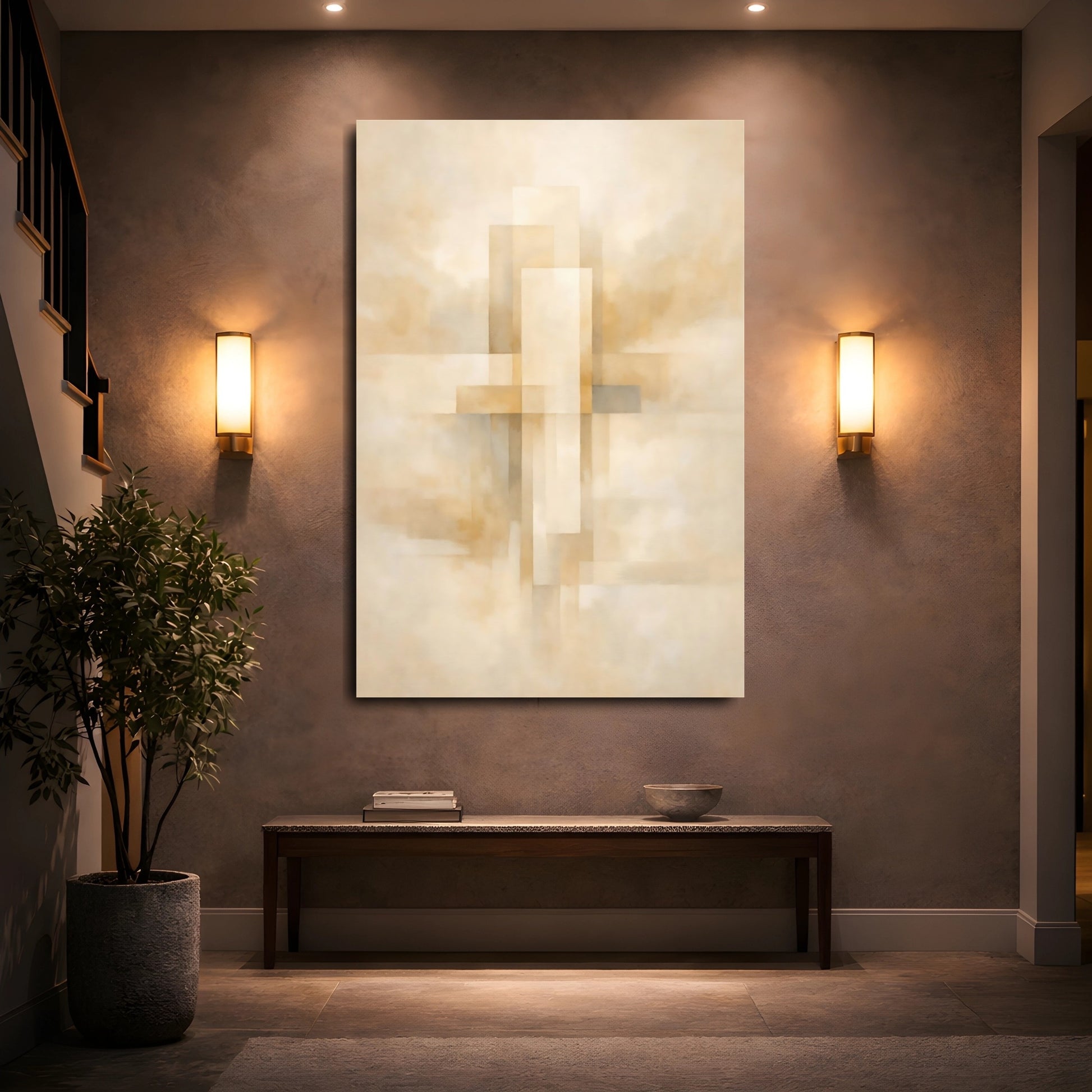 Mockup 4. Abstract Abstract Geometry Beige Brown Abstract shown as stretched canvas wall art