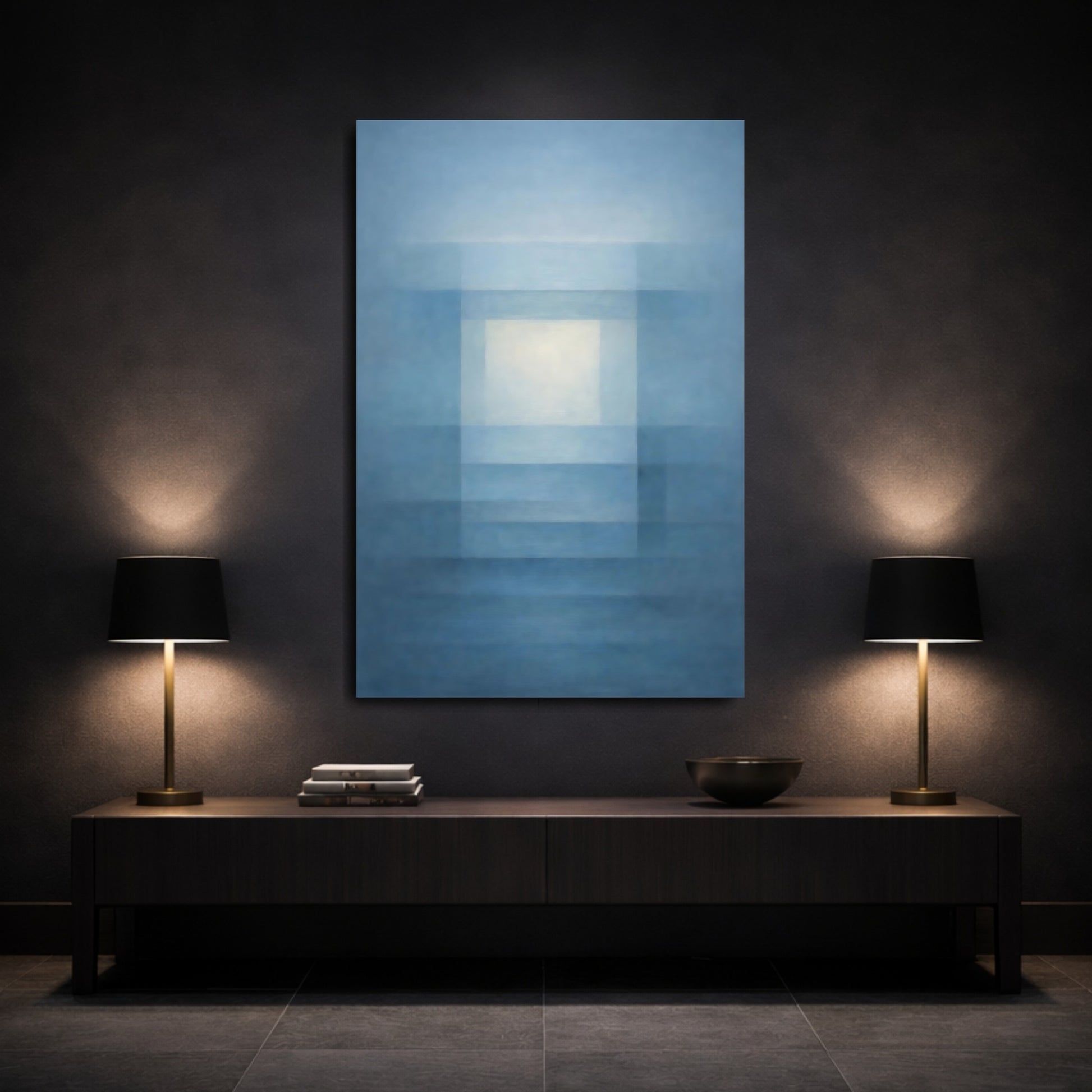 Mockup 2. Abstract Abstract Geometry Blue And White Abstract shown as stretched canvas wall art
