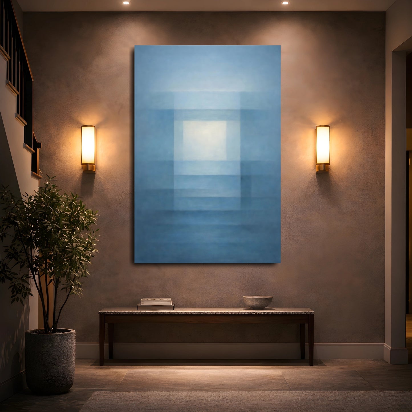 Mockup 4. Abstract Abstract Geometry Blue And White Abstract shown as stretched canvas wall art