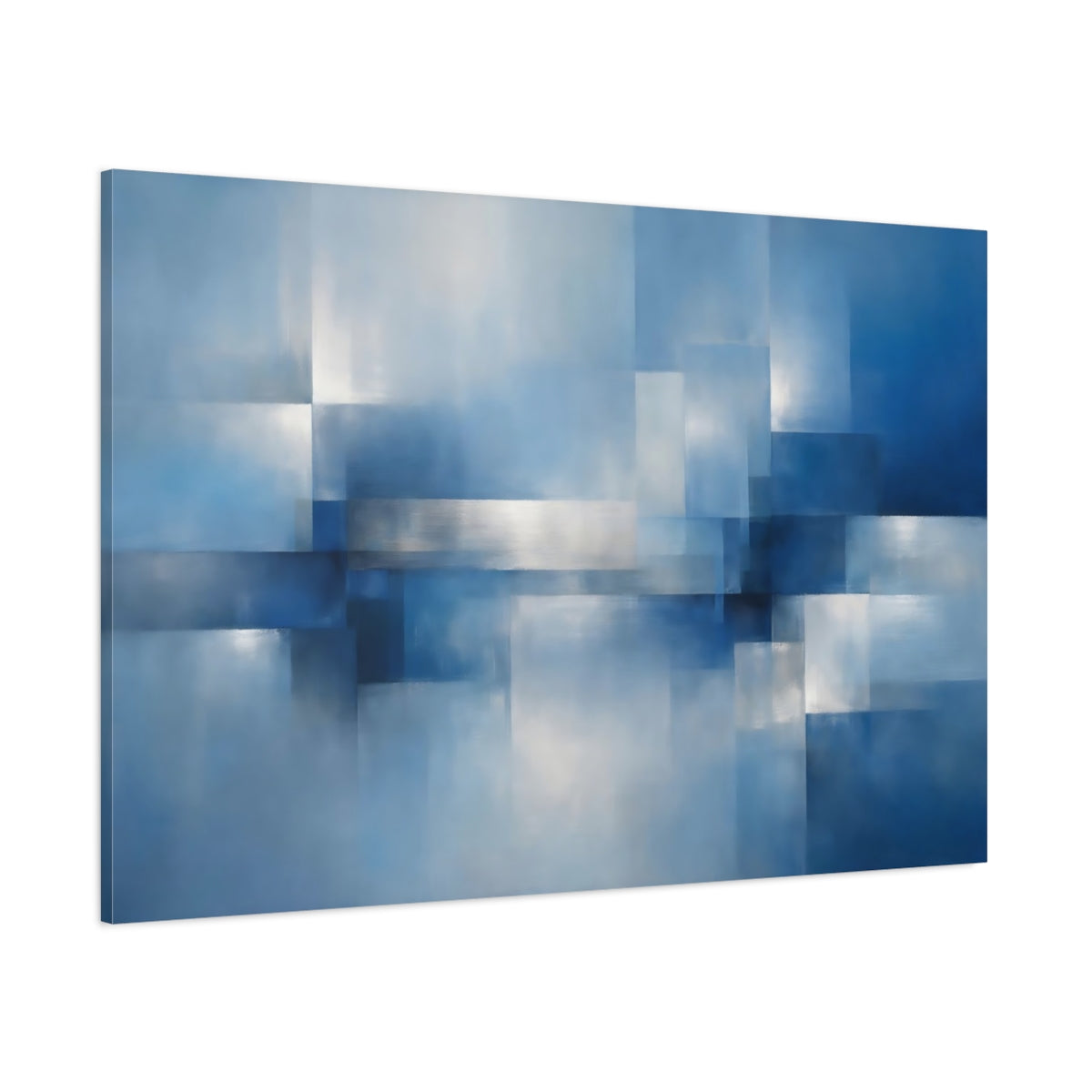 Main Mockup. Abstract Abstract Geometry Blue Silver Abstract shown as stretched canvas wall art