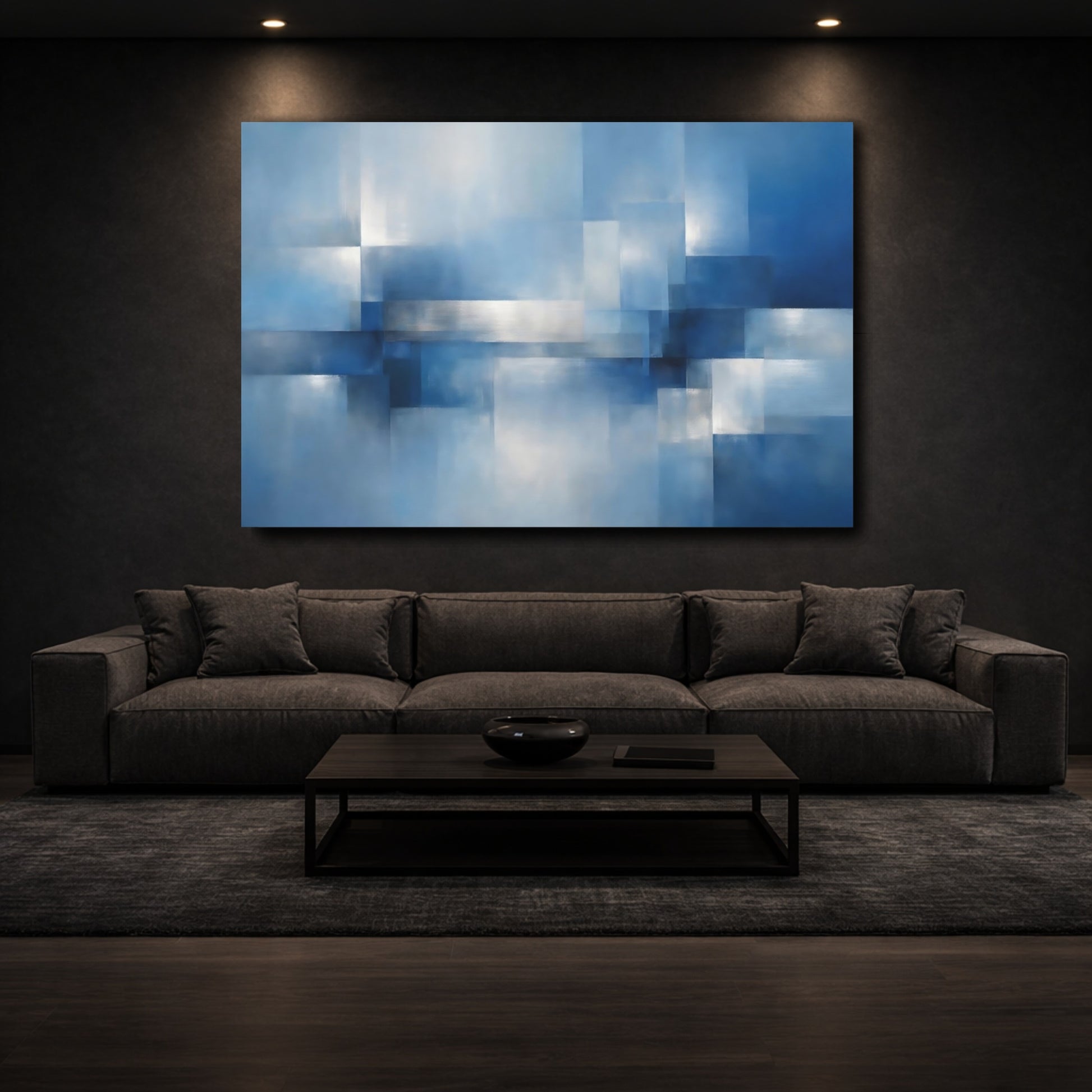 Mockup 2. Abstract Abstract Geometry Blue Silver Abstract shown as stretched canvas wall art