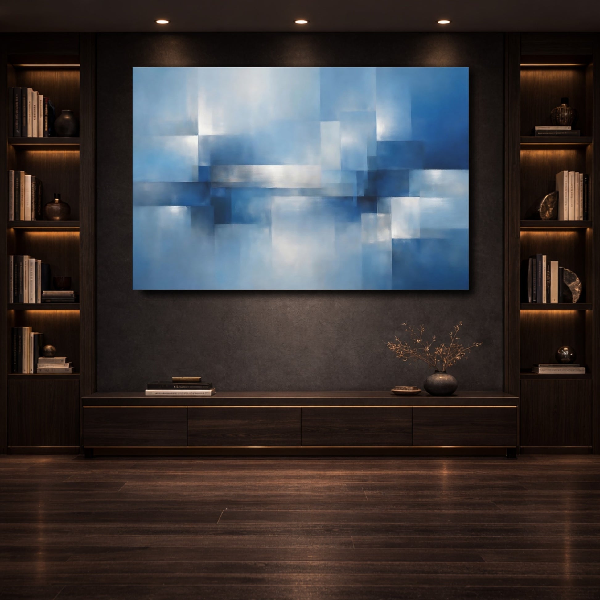 Mockup 3. Abstract Abstract Geometry Blue Silver Abstract shown as stretched canvas wall art