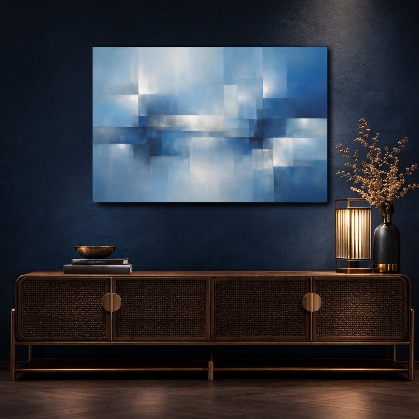 Mockup 4. Abstract Abstract Geometry Blue Silver Abstract shown as stretched canvas wall art