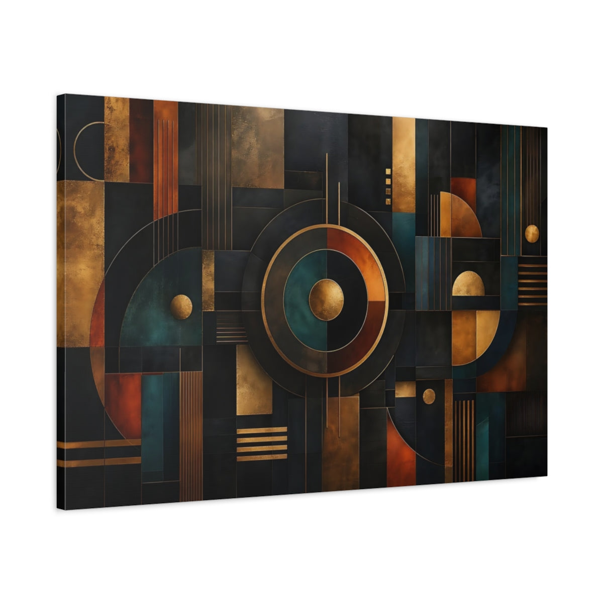 Main Mockup. Abstract Abstract Geometry Dark Gold Teal shown as stretched canvas wall art