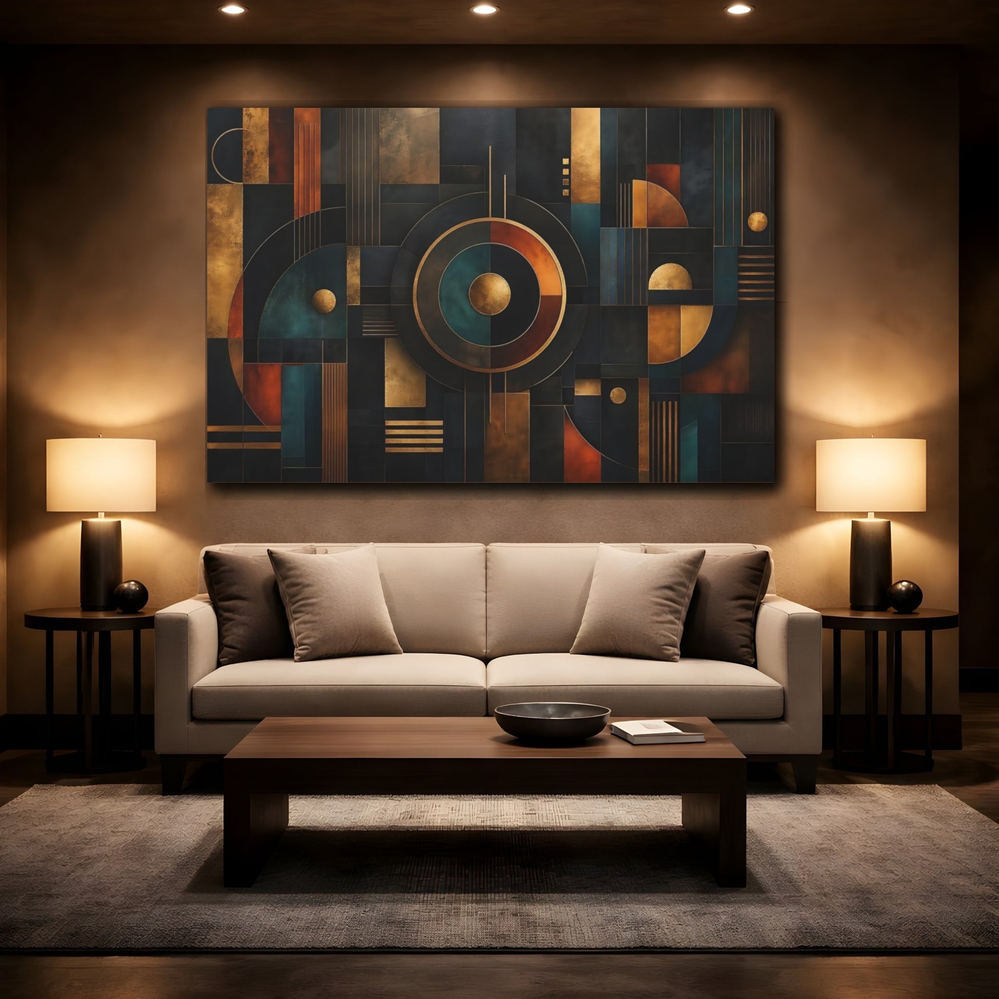 Mockup 2. Abstract Abstract Geometry Dark Gold Teal shown as stretched canvas wall art