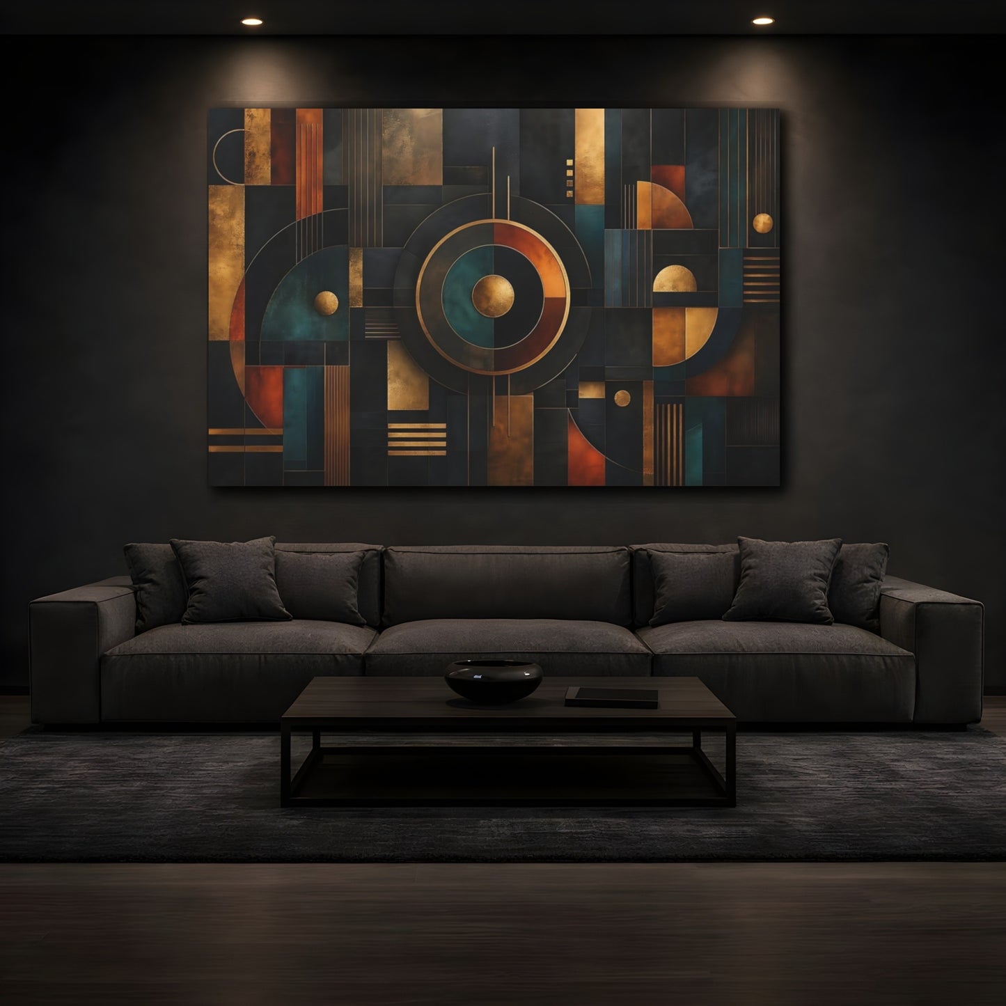 Mockup 3. Abstract Abstract Geometry Dark Gold Teal shown as stretched canvas wall art