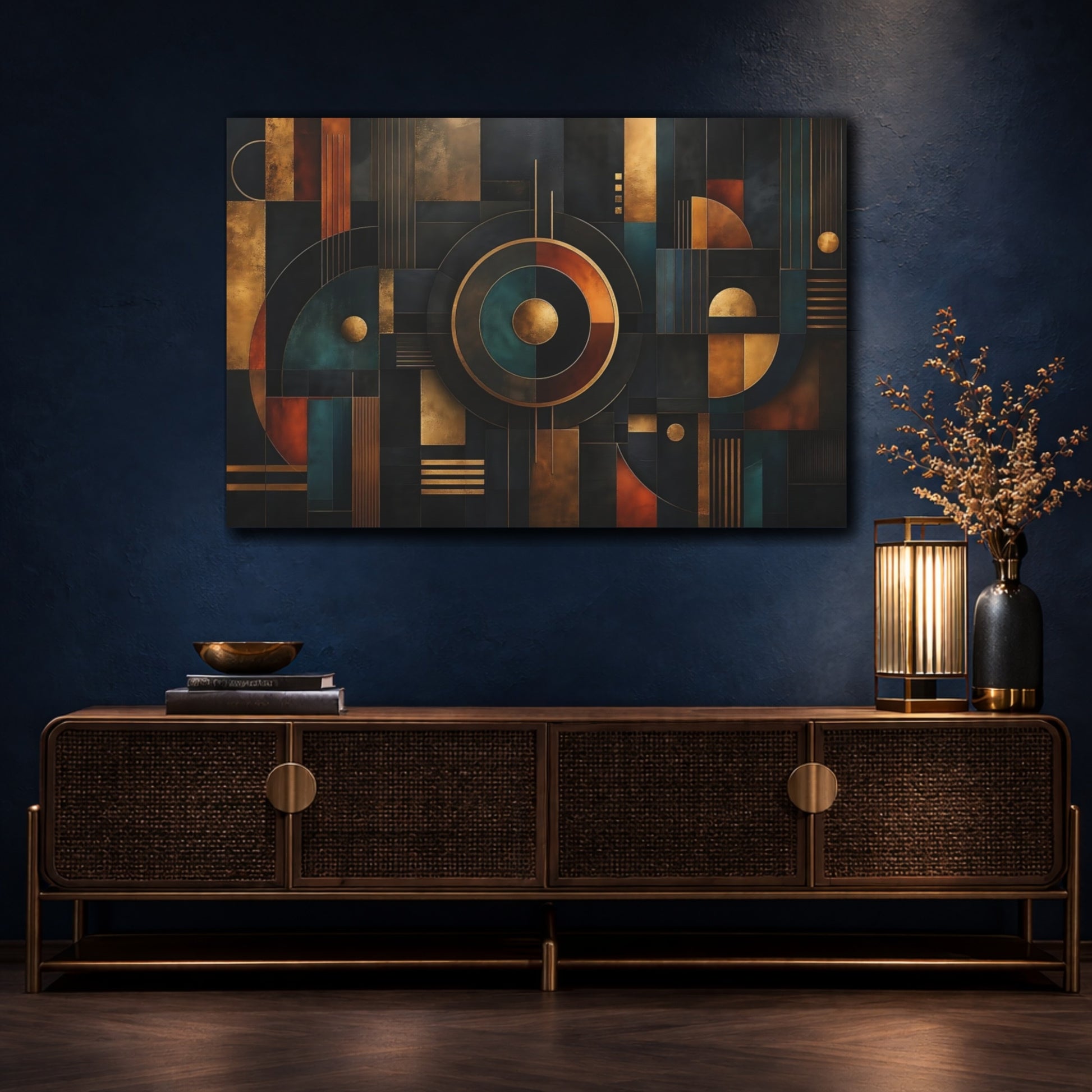 Mockup 4. Abstract Abstract Geometry Dark Gold Teal shown as stretched canvas wall art