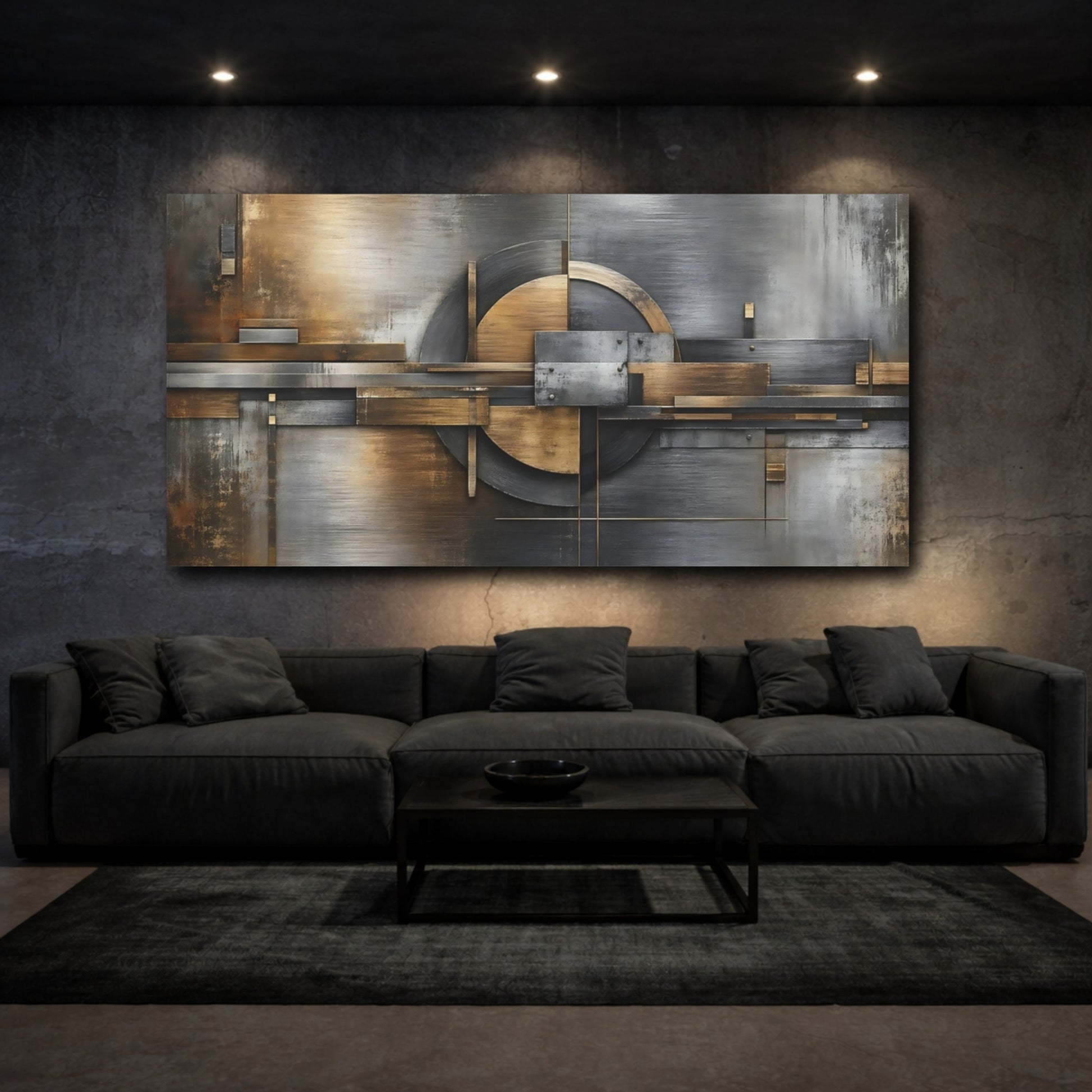 Mockup 2. Abstract Abstract Geometry Gold And Gray shown as stretched canvas wall art