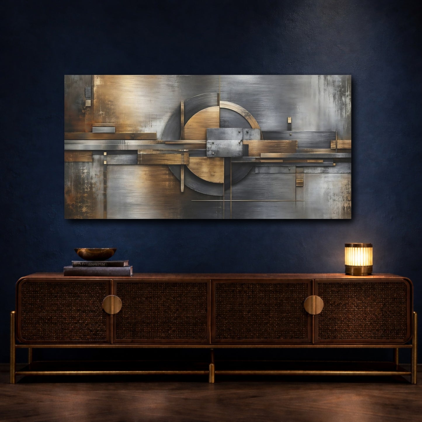 Mockup 3. Abstract Abstract Geometry Gold And Gray shown as stretched canvas wall art