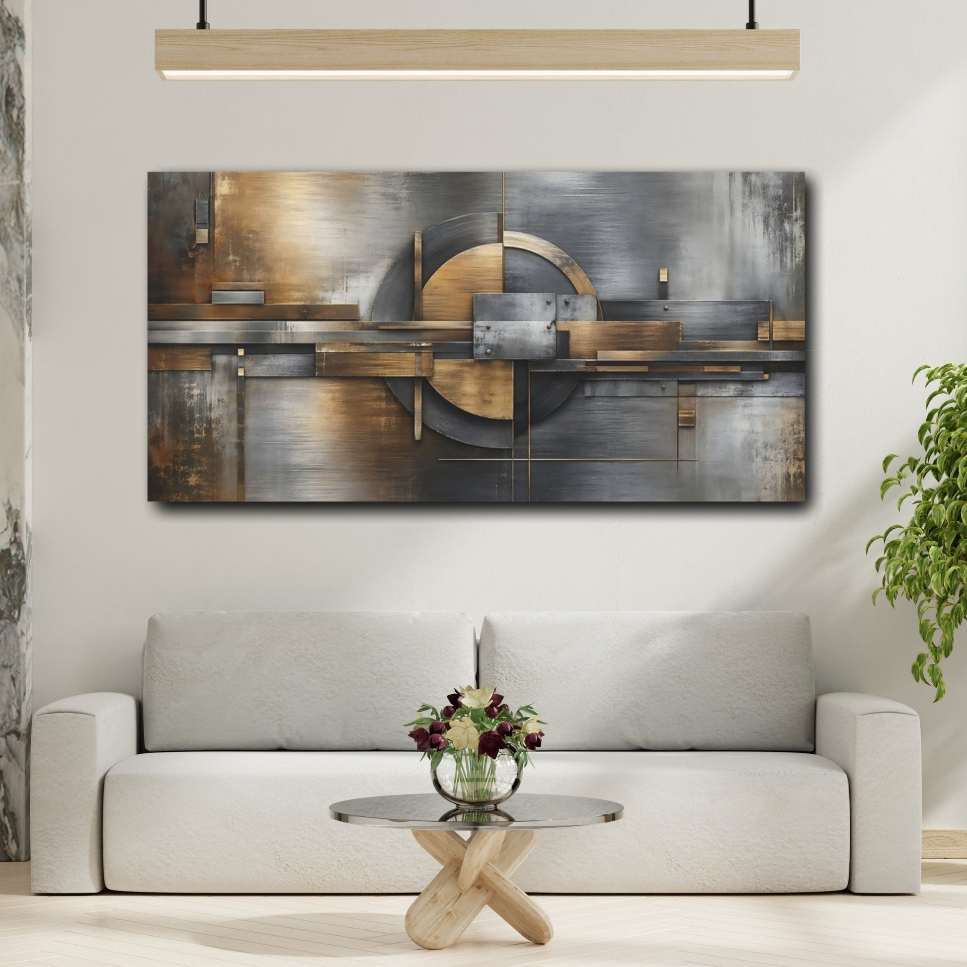 Mockup 4. Abstract Abstract Geometry Gold And Gray shown as stretched canvas wall art